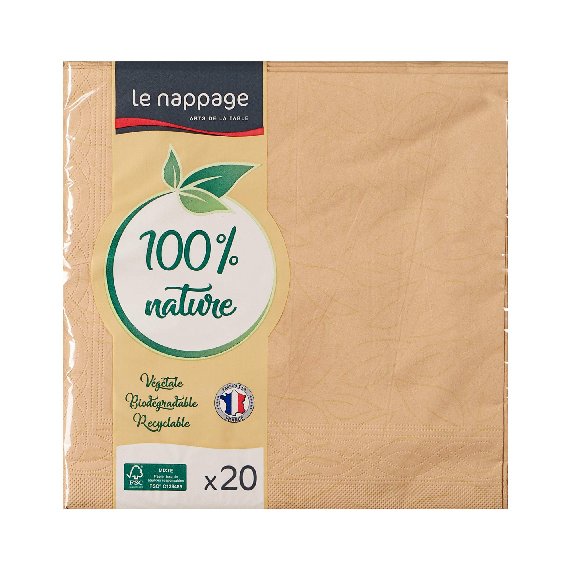 Le Napage - 3-Ply Wadding Napkins - Beige - FSC Certified Paper Napkins - Recyclable and Biodegradable - Large Size 40 x 39 cm - Pack of 20 - Beige Napkins