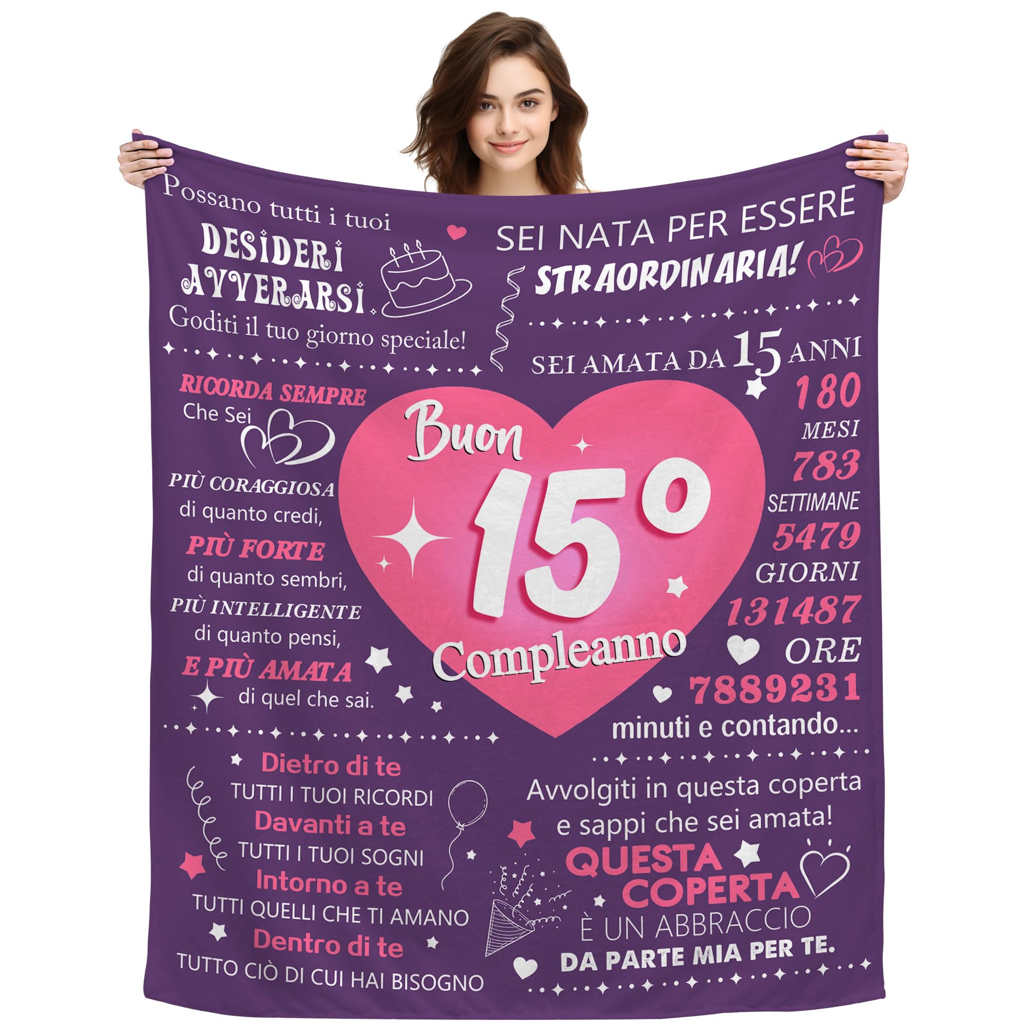 Regalo per Ragazza di 15 Anni Compleanno Coperta Regali per Figlia Sorella Amica Nipote 15° Compleanno Natale Ispiratore Coperta Divano Coperta da Lancio 130 x 150cm (15 Anni-Lei)