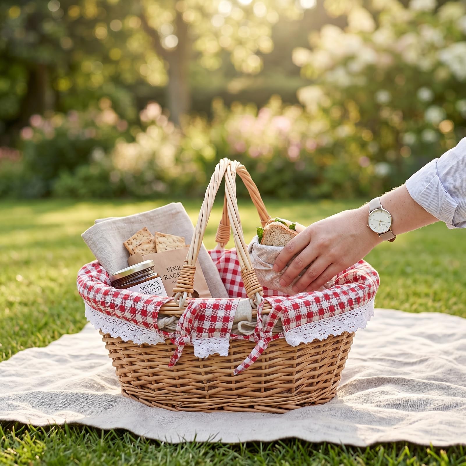 Tosuny Cestino da Picnic in Vimini, Cesto da Picnic Ovale Intrecciato con Doppi Manici Pieghevoli, Fodera Staccabile, Grande Cestino Vintage per Campeggio all'aperto (Griglia Rossa)