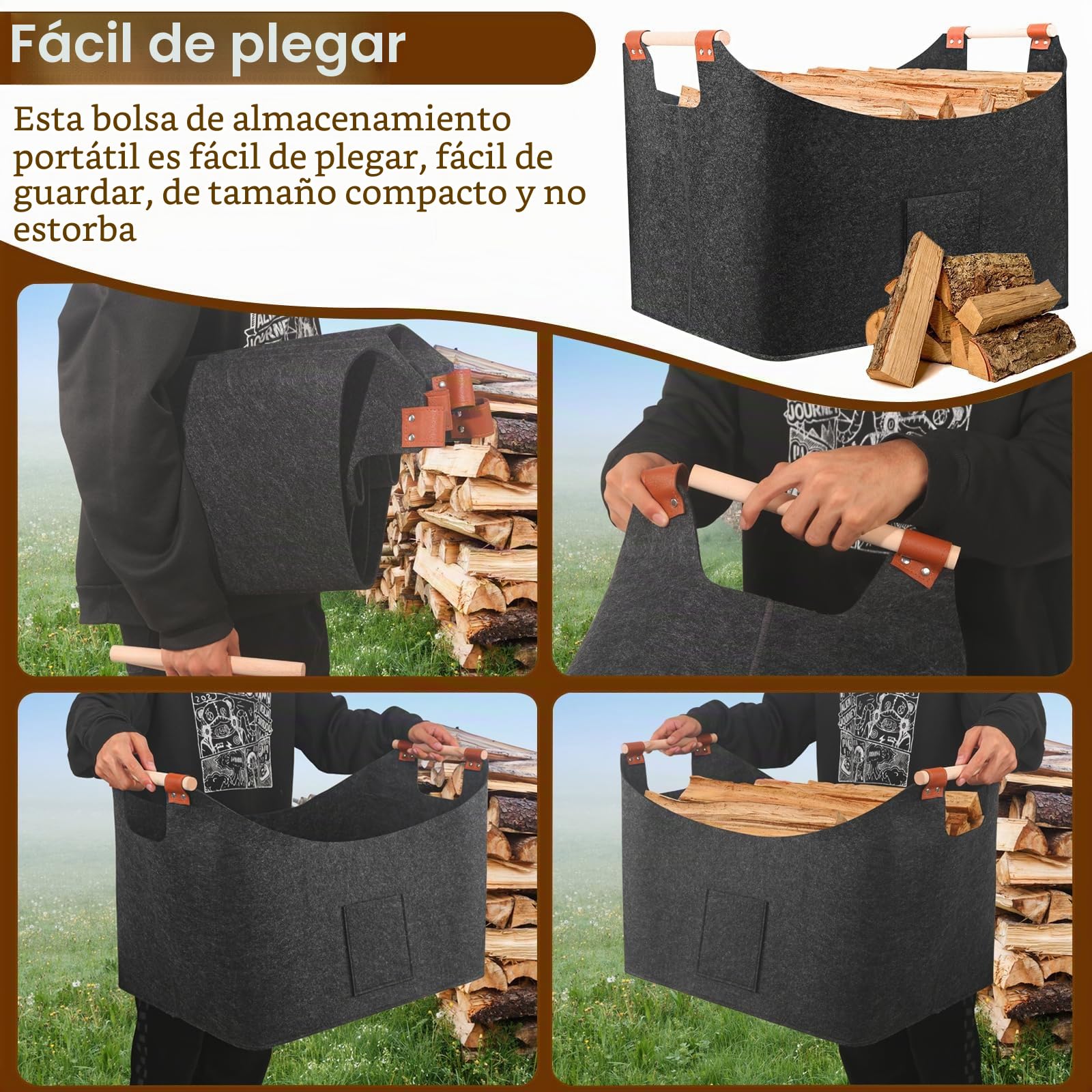 Canasta De Leña 40 x 40 x 60 cm 96L, Cestas De Fieltro Súper Gruesas Y Manijas De Madera Maciza, Cesto Leña, Fieltro De Bolsa De Leña Plegable, Disponibles Para Compras, Madera, Juguetes, Etc