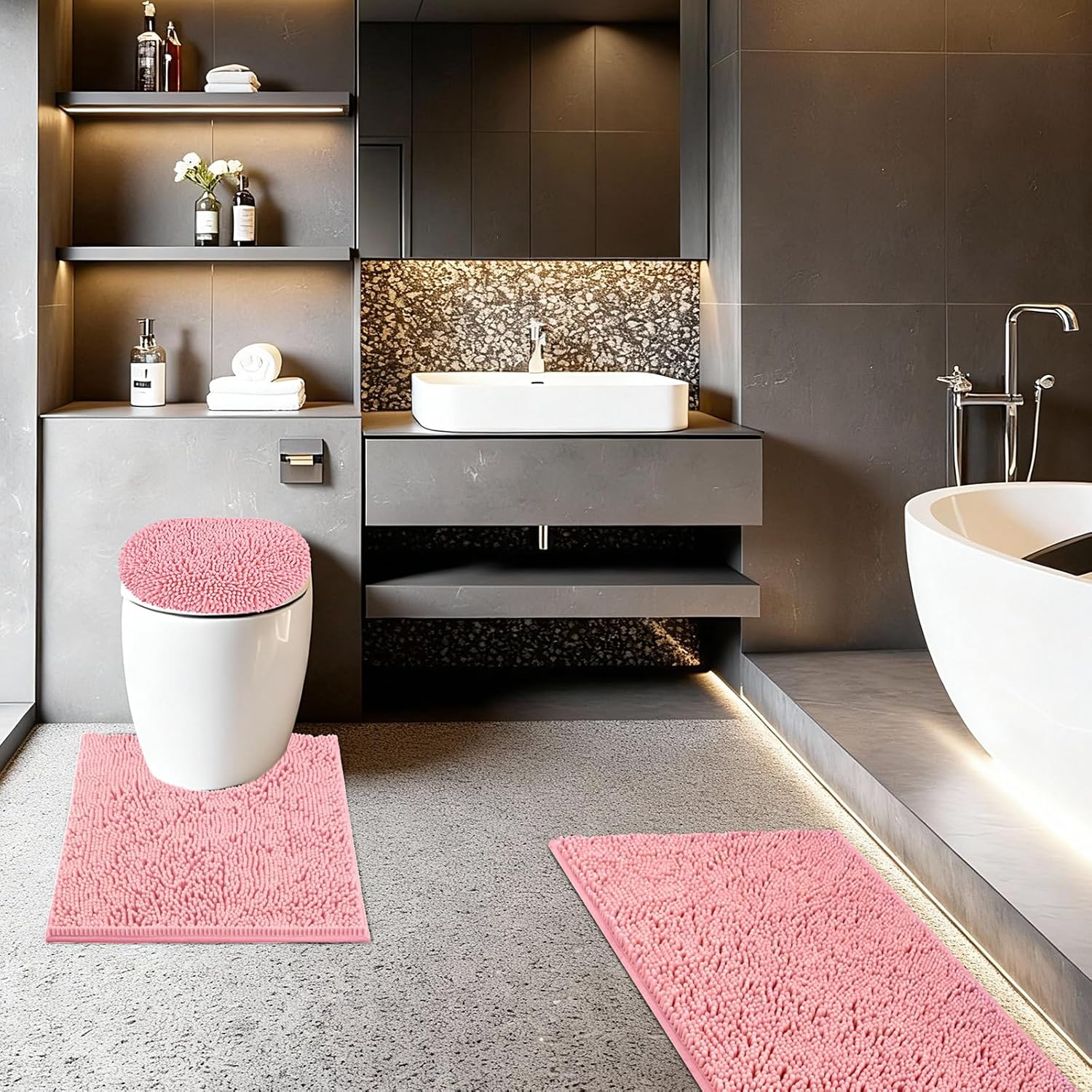 Bathroom Rugs Sets 3 Piece with Adjustable Toilet Seat Cover 19.5"x 18.5" Machine Washable Bath Rug Set with TPR Non Slip Rubber Backing Solid Bath Mat Set for Luxury Bathroom Decoration