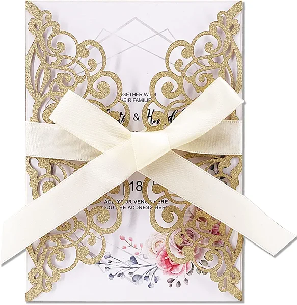 Fashmade 50Pcs Laser Cut Wedding Invitation With Glitter Envelopes And Ribbons Blank Personalized Card Invitaciones Para quinceañera Birthday Baby Shower Christmas Party Bridal Shower (Gold)