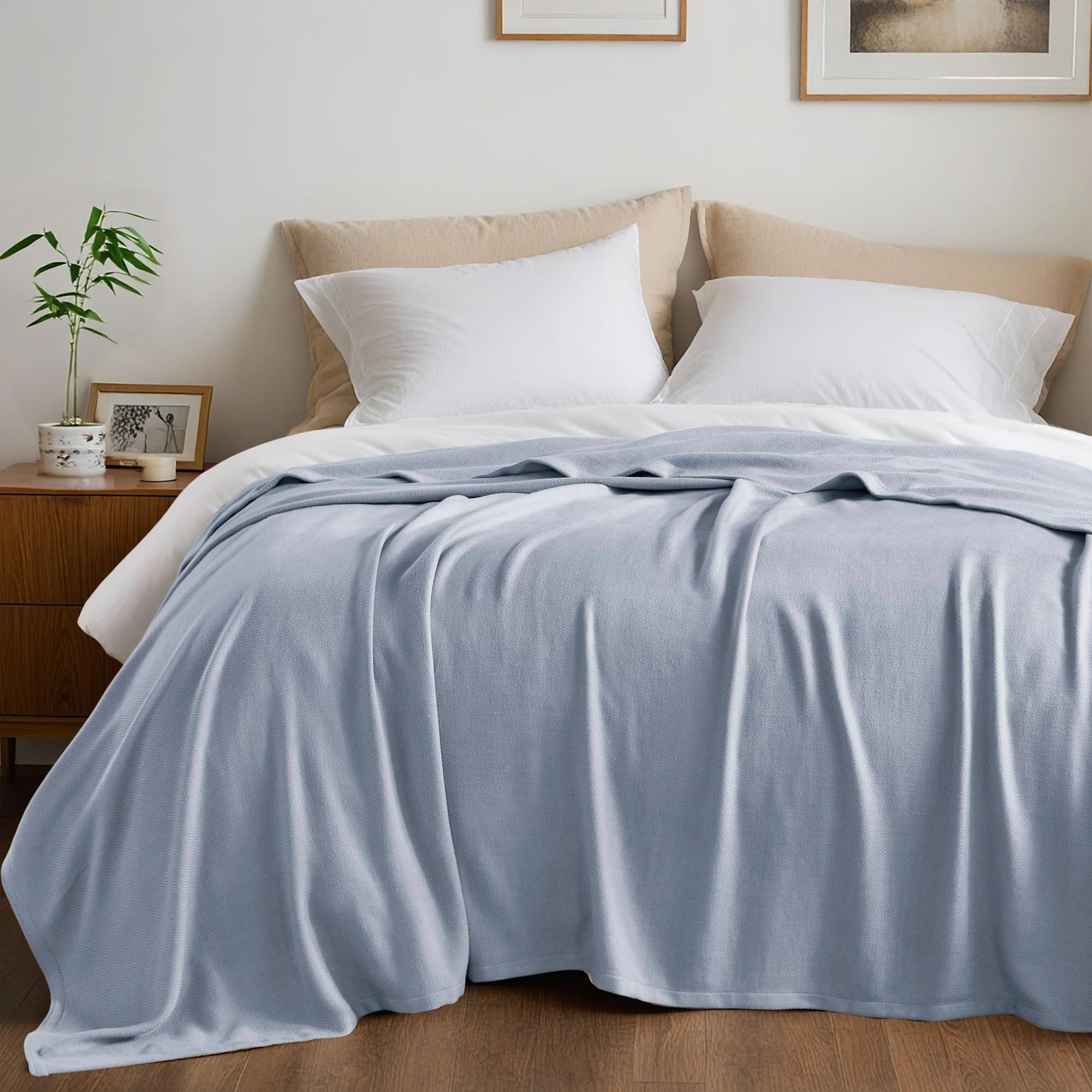 Manta de algodón refrescante tamaño Queen, manta de verano transpirable de rayón derivado de bambú y algodón, manta suave y ligera para cama, sofá y sofá, 90 x 90 pulgadas, azul claro
