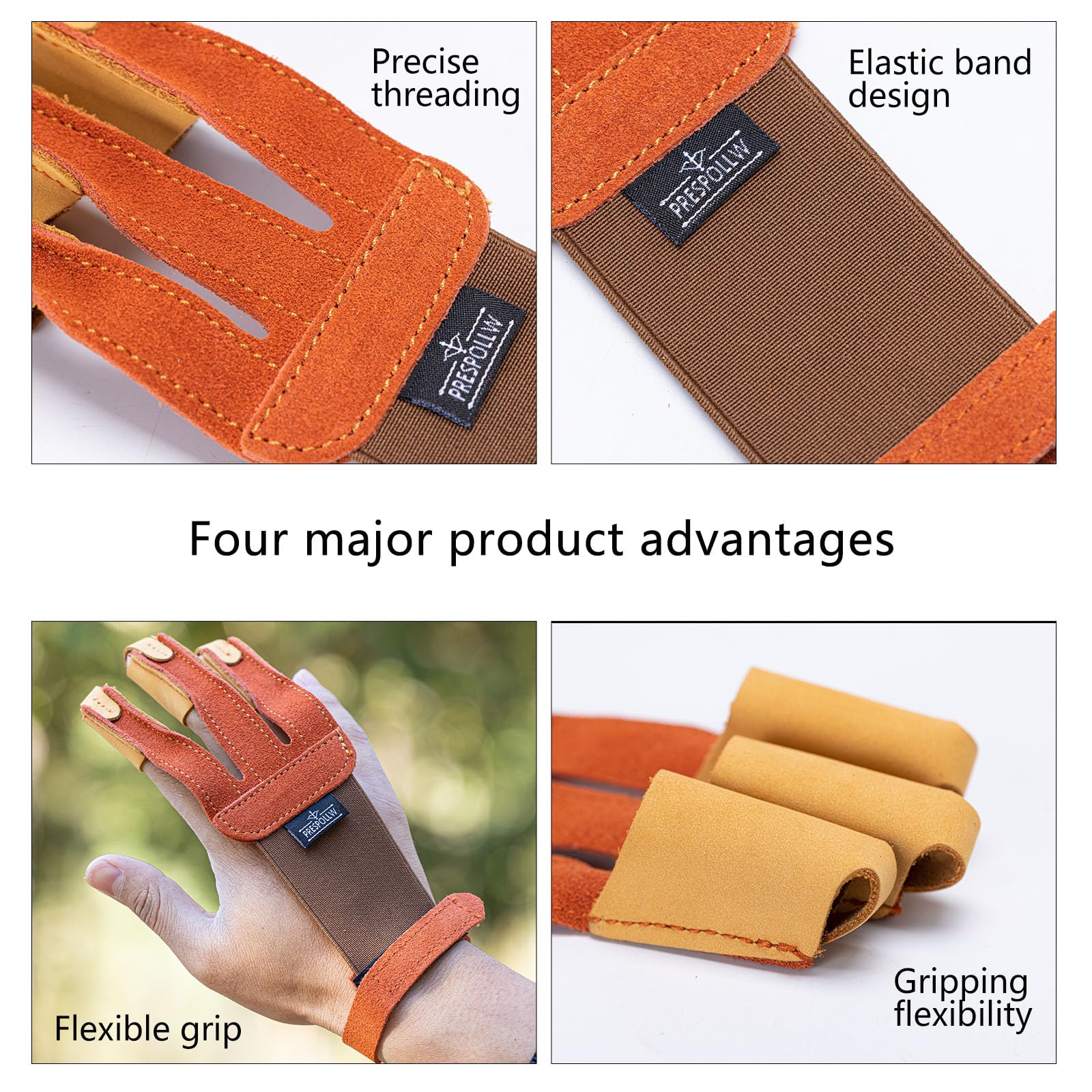 Prespollw 3-Finger Archery Glove – Leather Finger Protector for Bow Hunting & Shooting – Adjustable Strap, Breathable & Durable Design for Archers (Orange Yellow)
