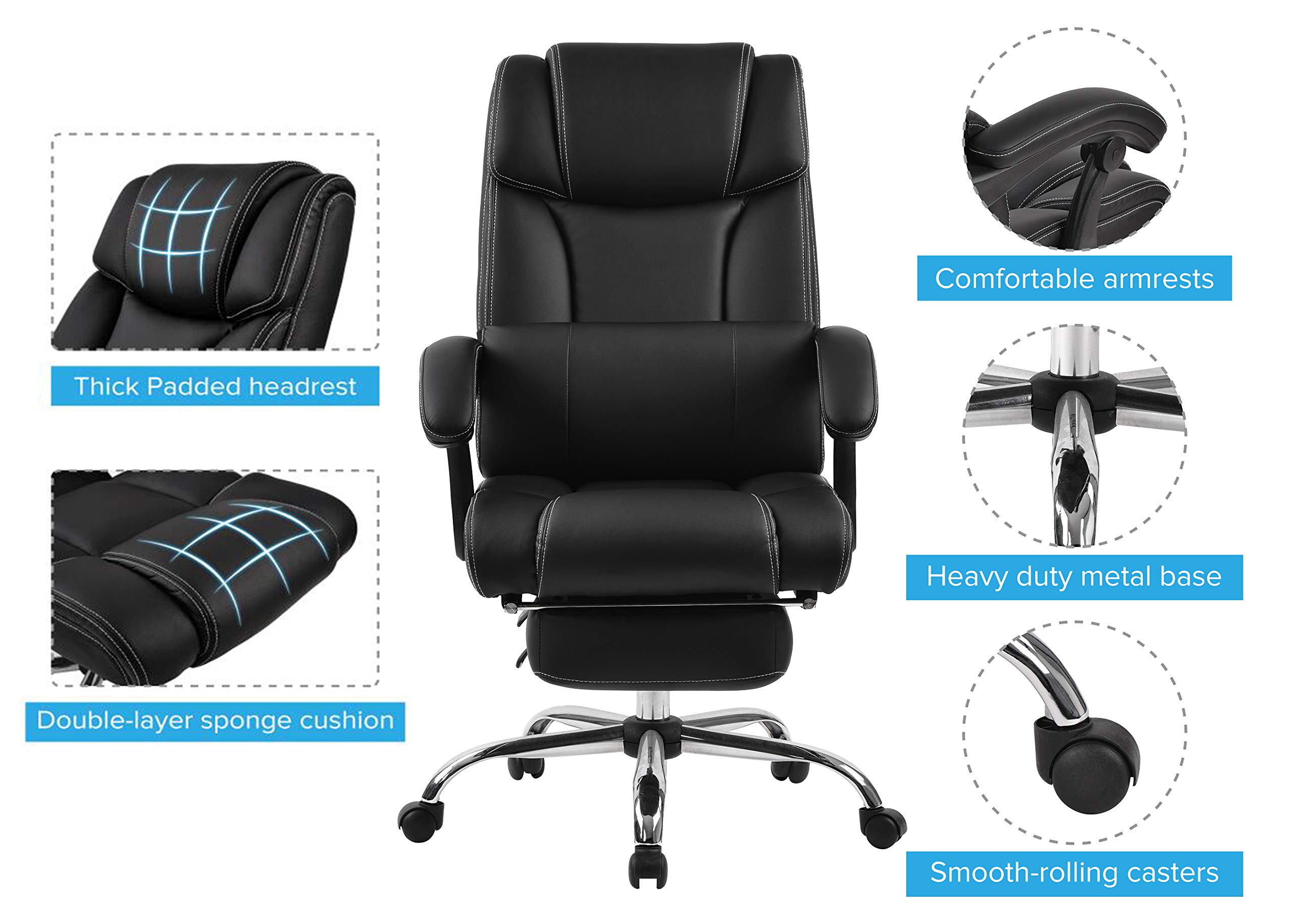 Reclining Office Chair w/Footrest,JULYFOX 170 Reclining Ergonomic High Back Faux Leather Gaming