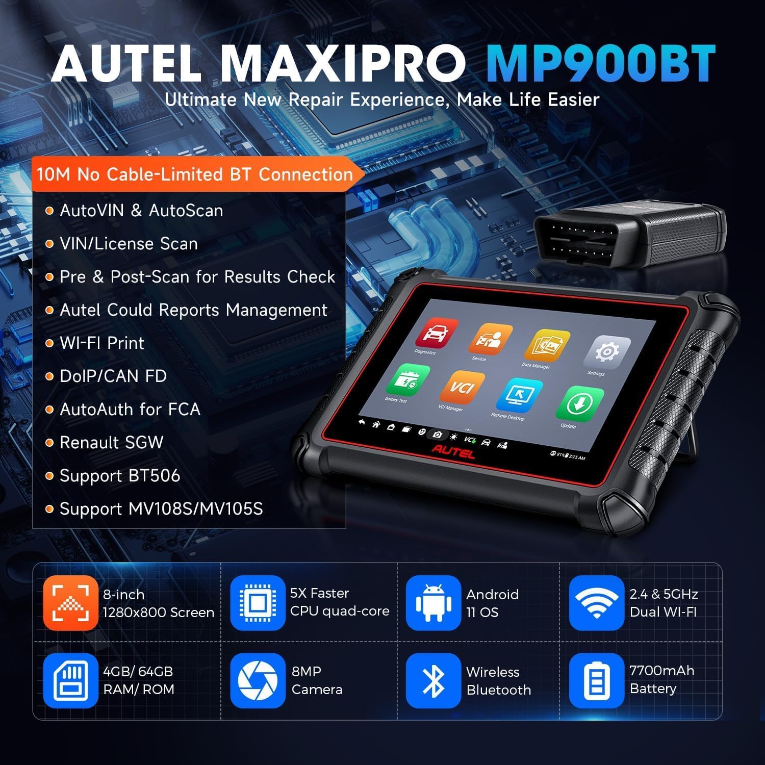 Autel MaxiPRO MP900BT: 2026 Inalámbrico como MP900-BT KIT Codificación ECU, OS11, 3K+ Prueba Activa, DoIP CAN FD, 40+ Reseteos, Escaneo VIN/Matrícula, Nuevo Modelo de MP808BT PRO MP808 DS808 MS906 Pro