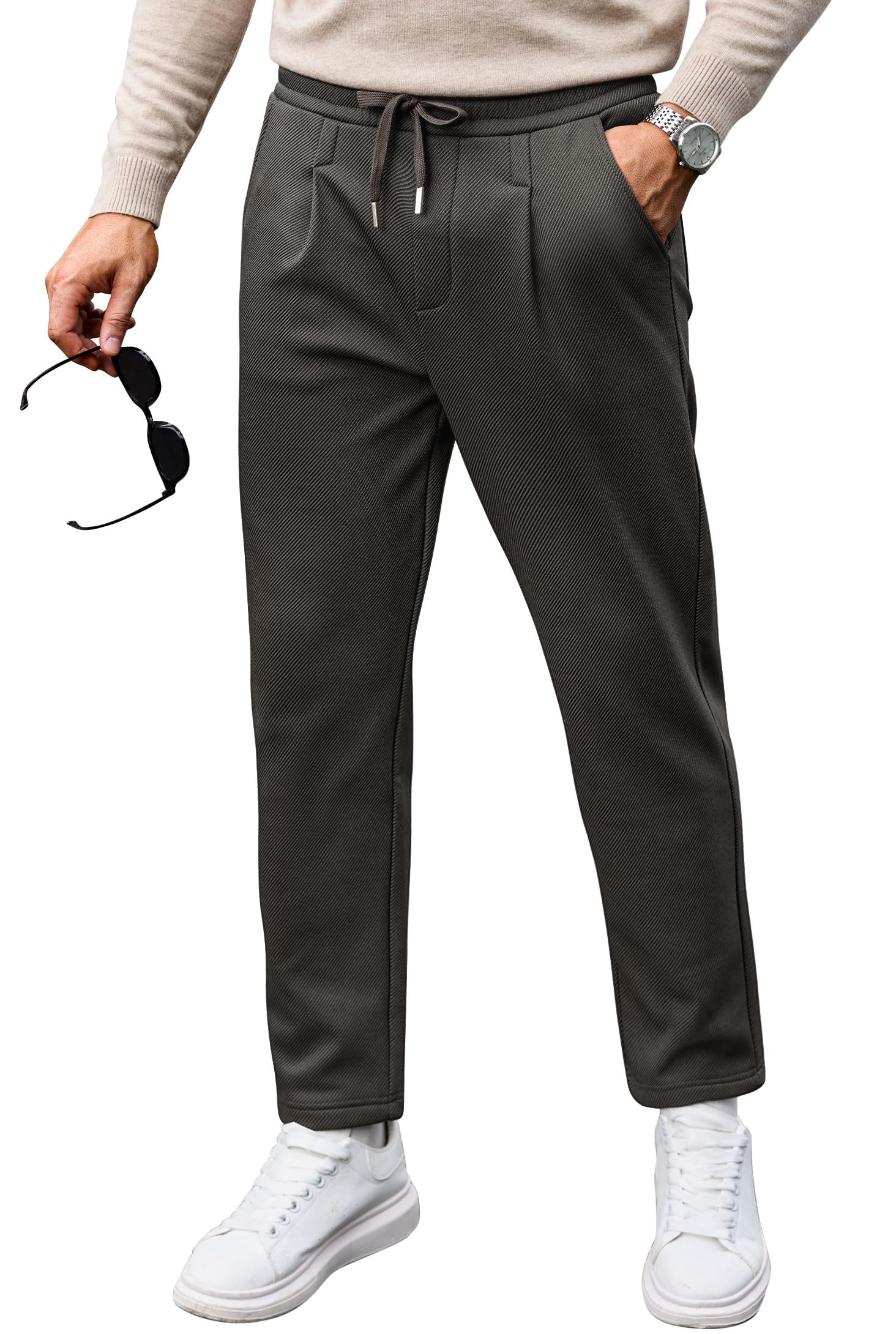Men Fleece-Lined Dress Sweatpants Casual Thermal Textured Winter Pants S-2XL