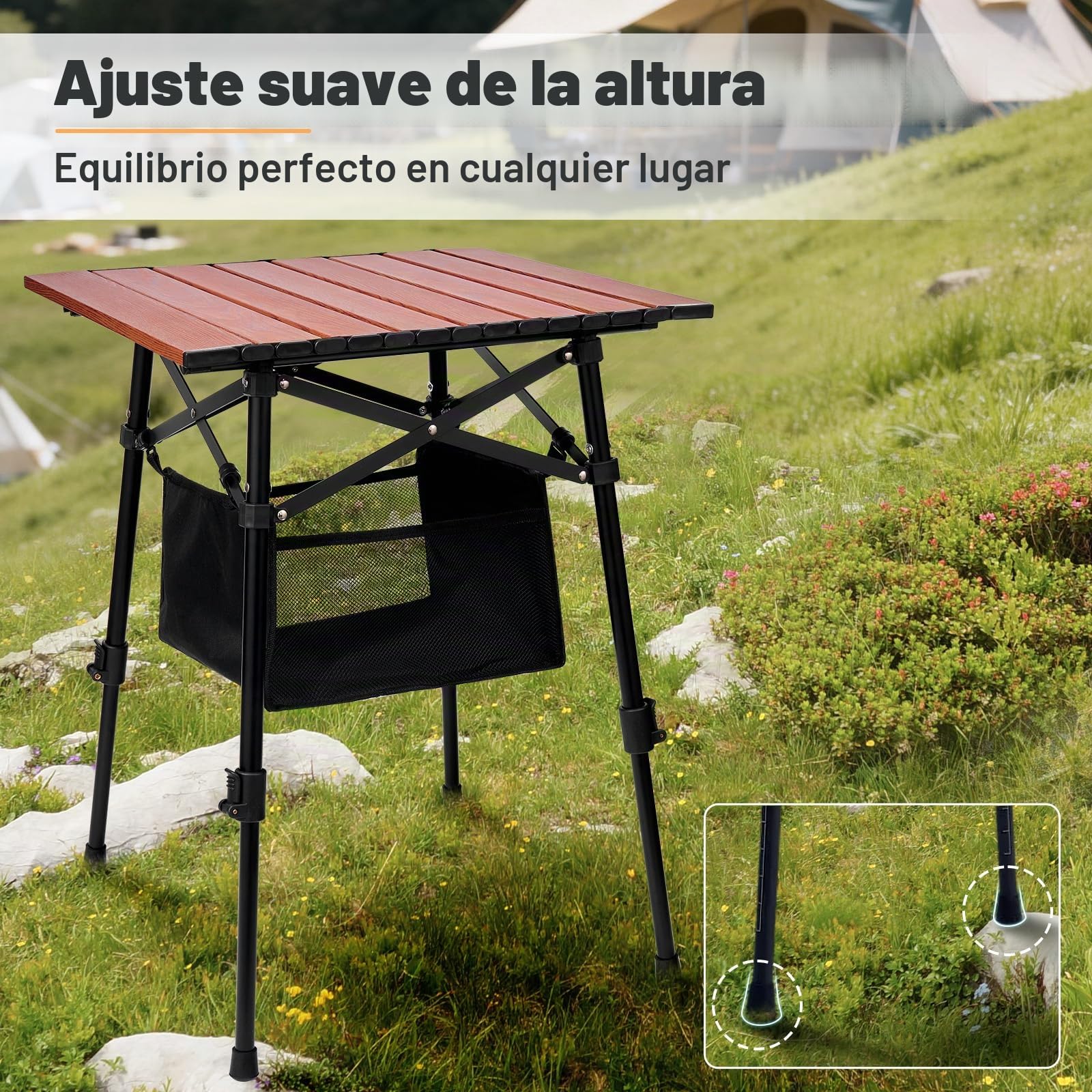 Odoland Mesa de Camping Plegable con Bolsa de Almacenamiento Resistente, Altura Ajustable, Portátil, Ligera, Mesa de Playa para Picnic al Aire Libre, Senderismo, Viajes
