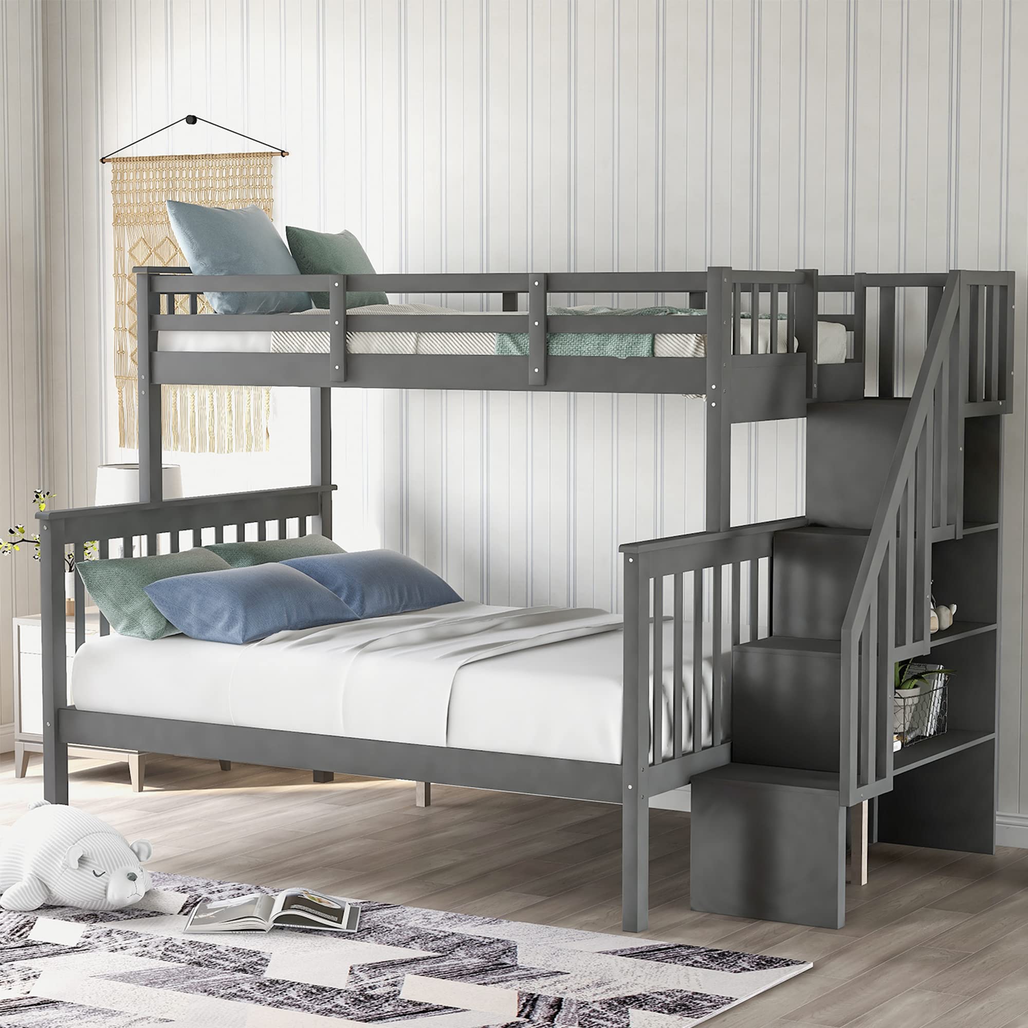 Buy Low Bunk Bed with Staircase, Twin Over Full Bunk Bed with Storage