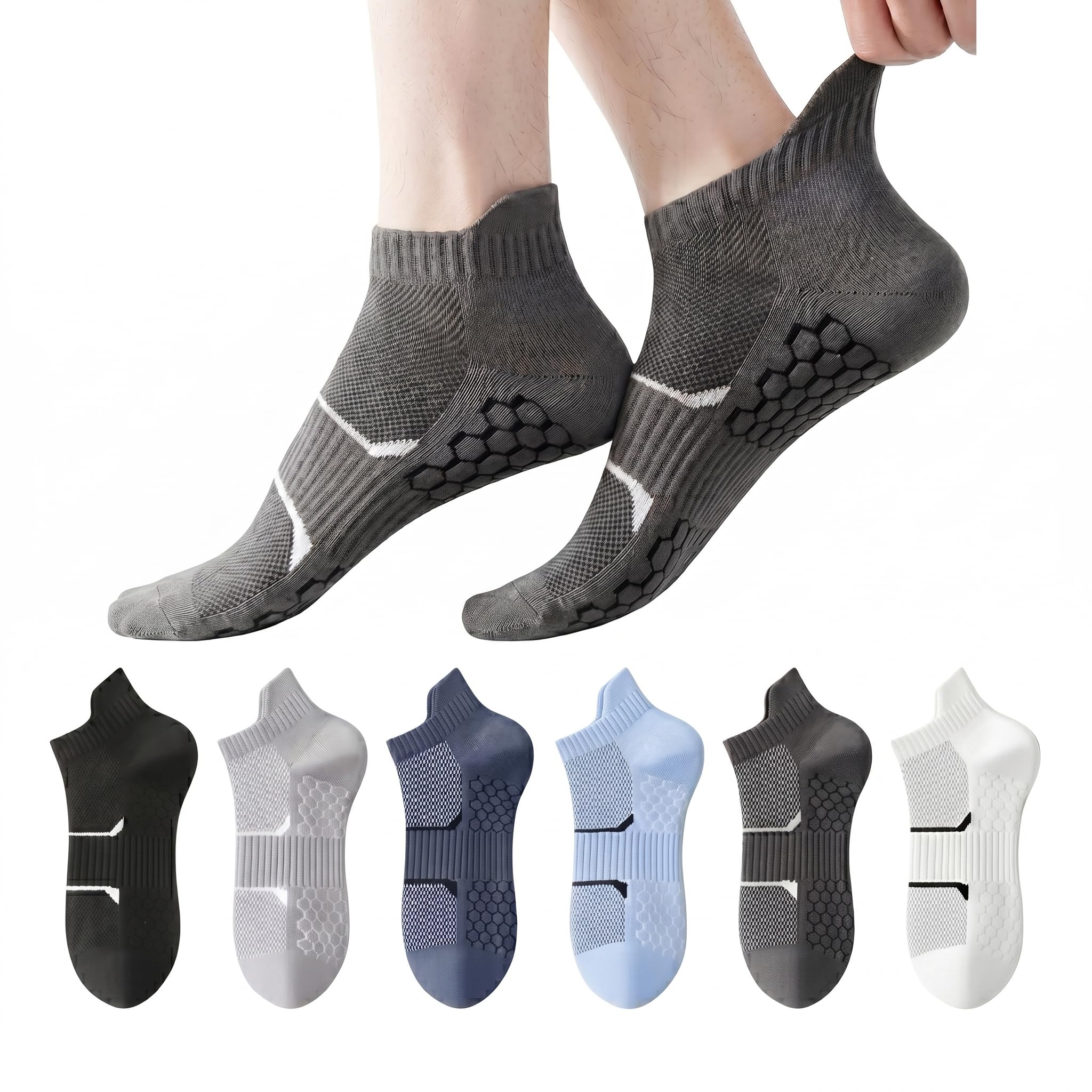 Men's Athletic Ankle Socks, Pure Cotton, Moisture Wicking, Non-Slip Grip, Low Cut Sports Socks, Multicolour, 6 Pairs-picture-26