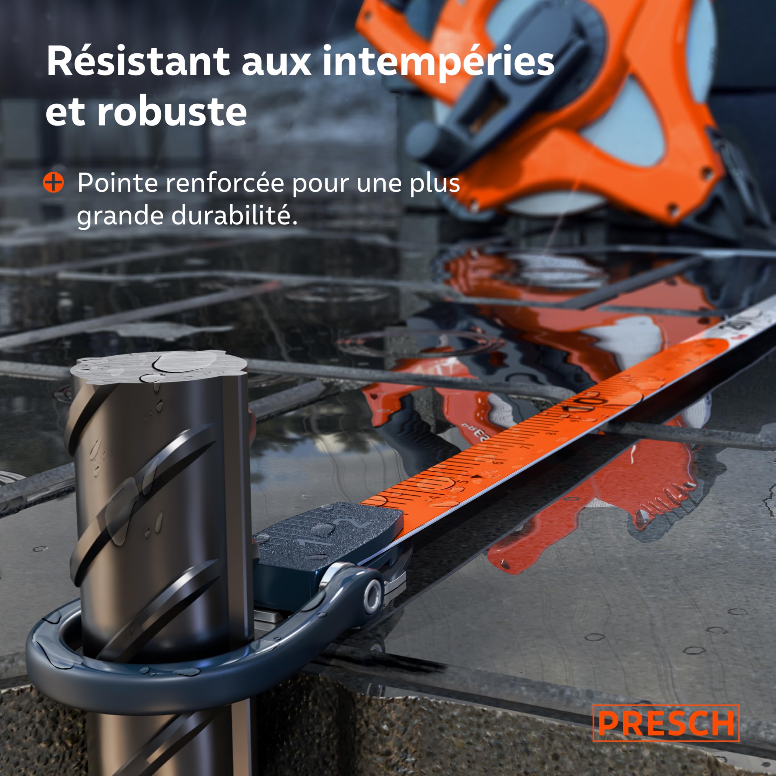 Presch Mètre Ruban 50m – Décamètre en Fibre de Verre résistant – Retour Rapide 3:1 – Verrouillage par Manivelle – Maintien sûr avec crochet multifonctions - Mètre enrouleur, Ruban d'Arpenteur