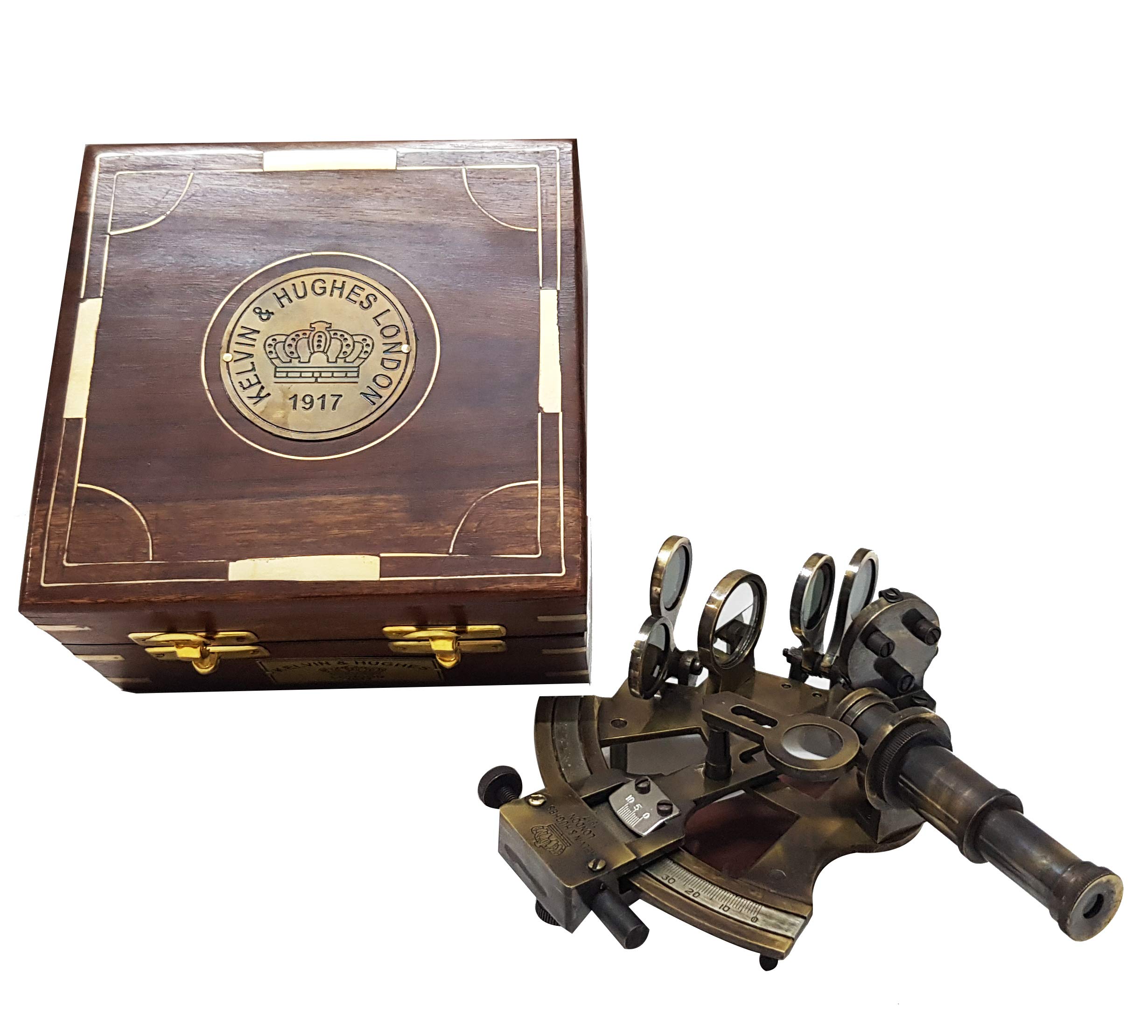 Antico Educativo Ottone Sestanti Strumento di Navigazione Marina Vintage Ottone Sestante con Scatola di Legno Collezionista Nautico