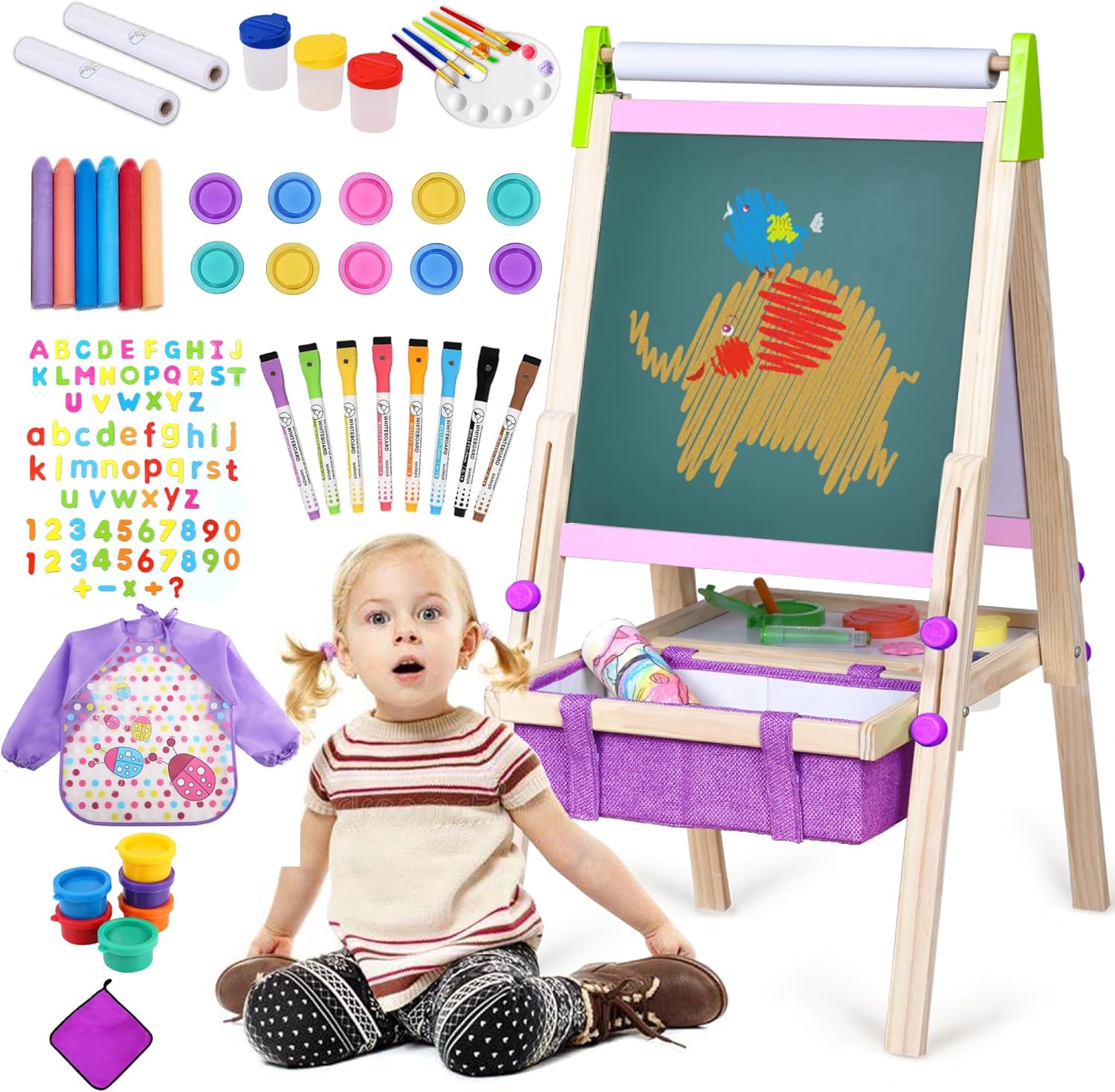 Wooden Art Easel for Kids with All-in-One Art Supplies Package Easel Set with Double Sided Chalkboard & Whiteboard for Toddlers Girls Gift (Adjustable, P&V)