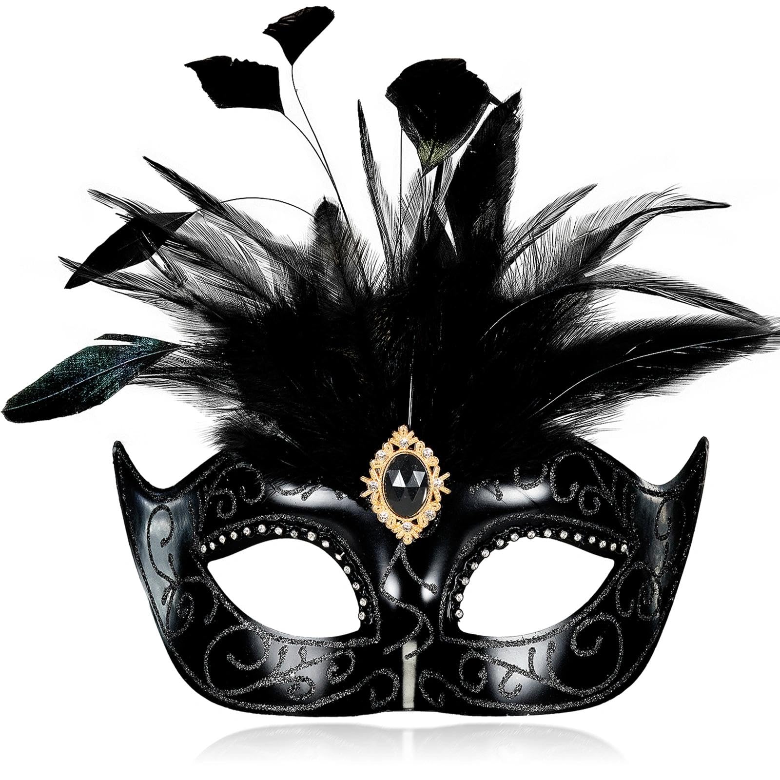 MYSEUNI 2025 Black Masquerade Masks for Women with Feathers- Womens Venetian Mask for Masquerade Ball Halloween