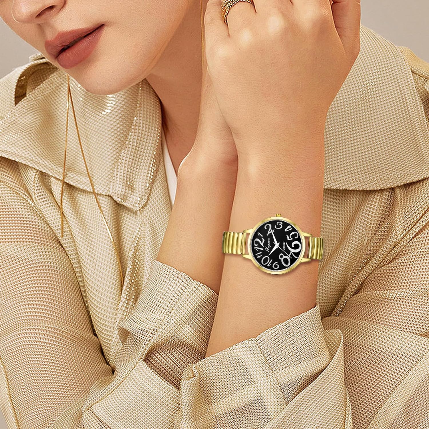 JewelryWe Women's Big Dial Easy Reader Watch Gold/Silver Tone Elastic Stretch Band Wristwatch for Valentine's Day - Image 2