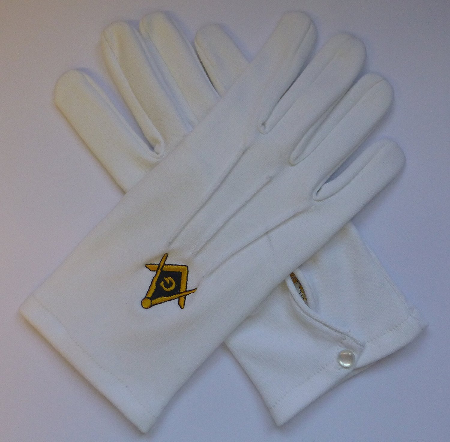 The Lodge (Masonic Regalia) Black/Gold/White Masonic Gloves With Embroidered / Square & Compass - 100% Heavy Cotton (Large)