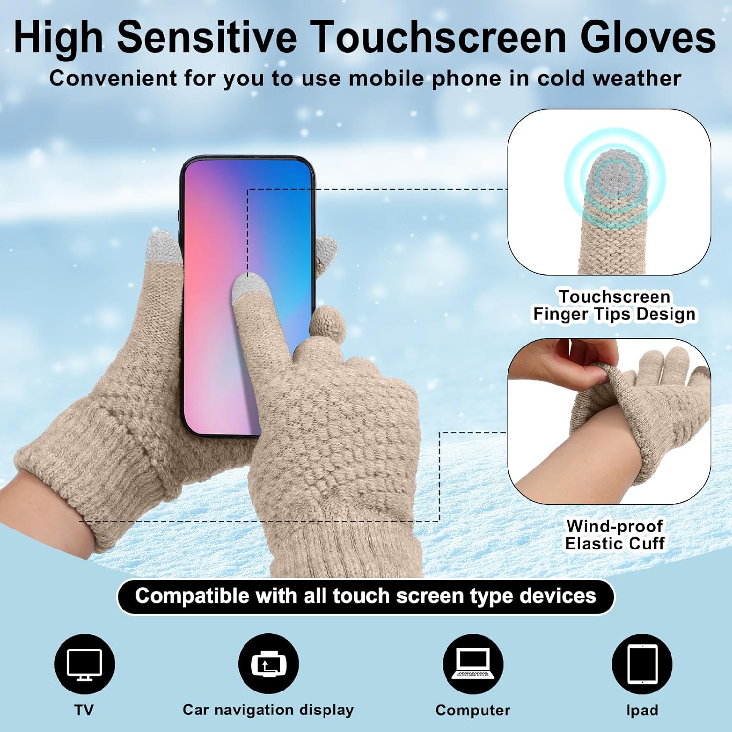 SATINIOR 5 Pieces Winter Beanie Hat Scarf Touchscreen Gloves and Thick Socks Set Knit Fleece Lined Warmer for Men and Women - Image 3