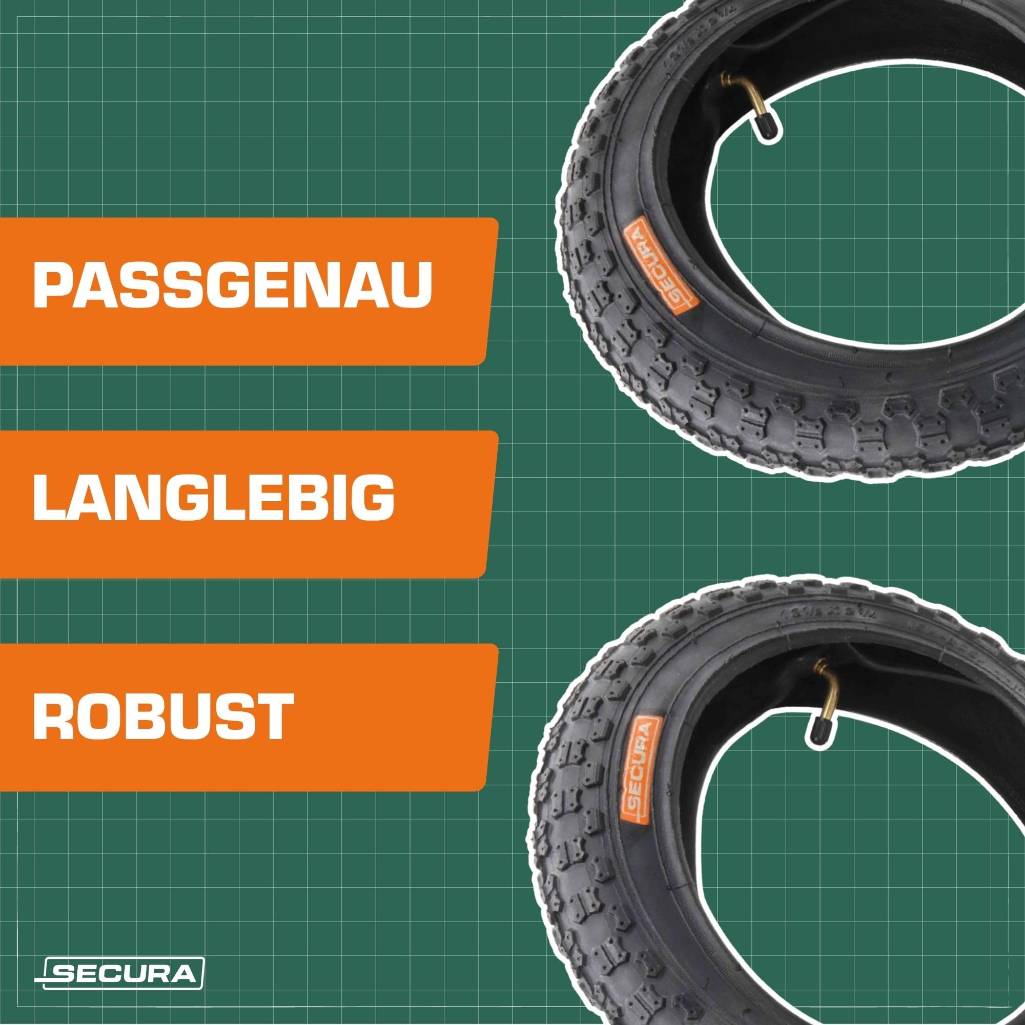 SECURA 4x Reifen 12.5x2.25 12 1/2 x 2 1/4 inkl Schläuche Winkelventil kompatibel mit Kinderfahrrad Kinderwagen Buggy Laufrad Dreirad Roller Fahrradanhänger 47-203