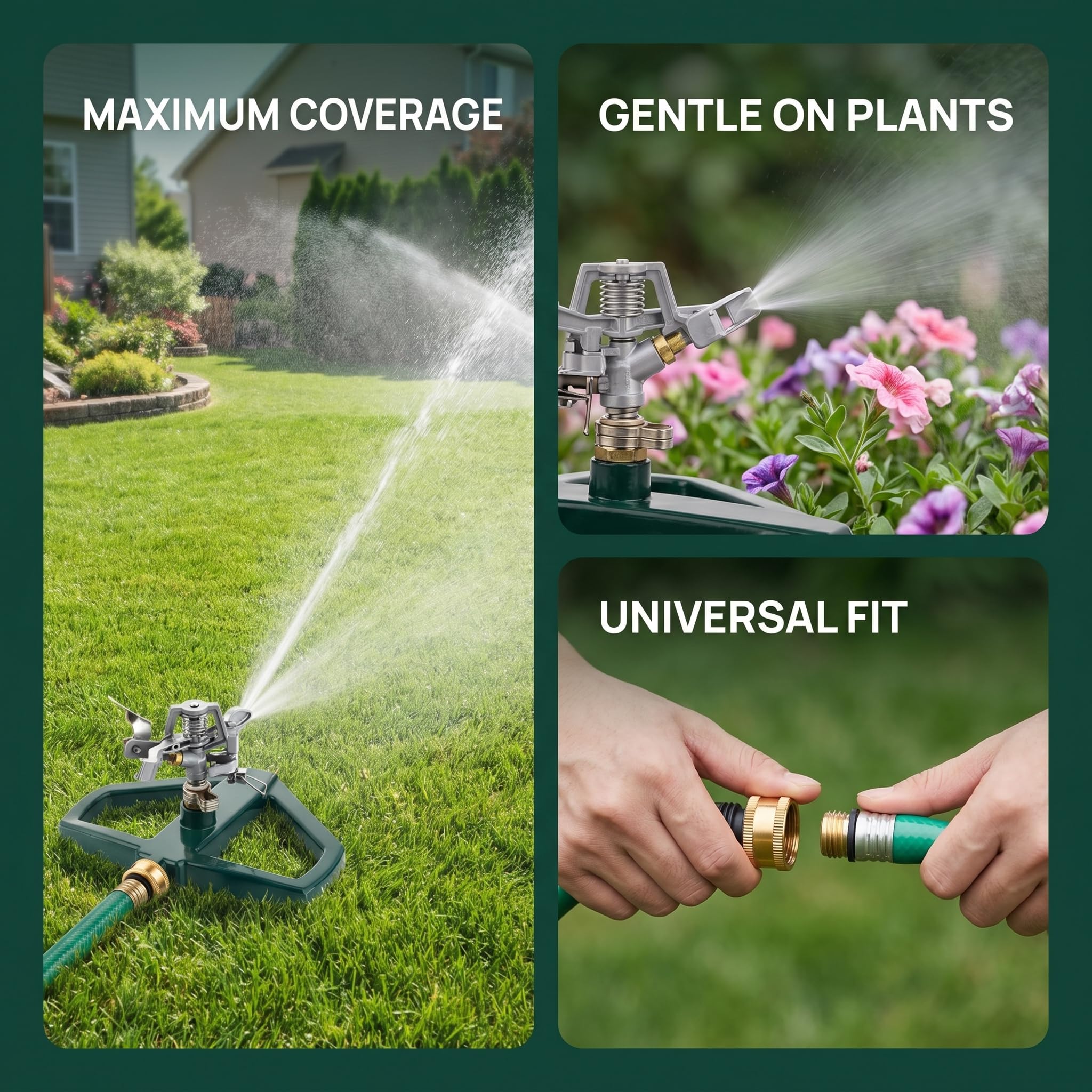 Arroseur Jardin Rotatif 360°, Arrosage Pelouse à Impulsion, Arroseur Automatique avec Base en Métal, Système Arrosage Automatique Réglable, Couverture Jusqu'à 520m² pour Irrigation Cour