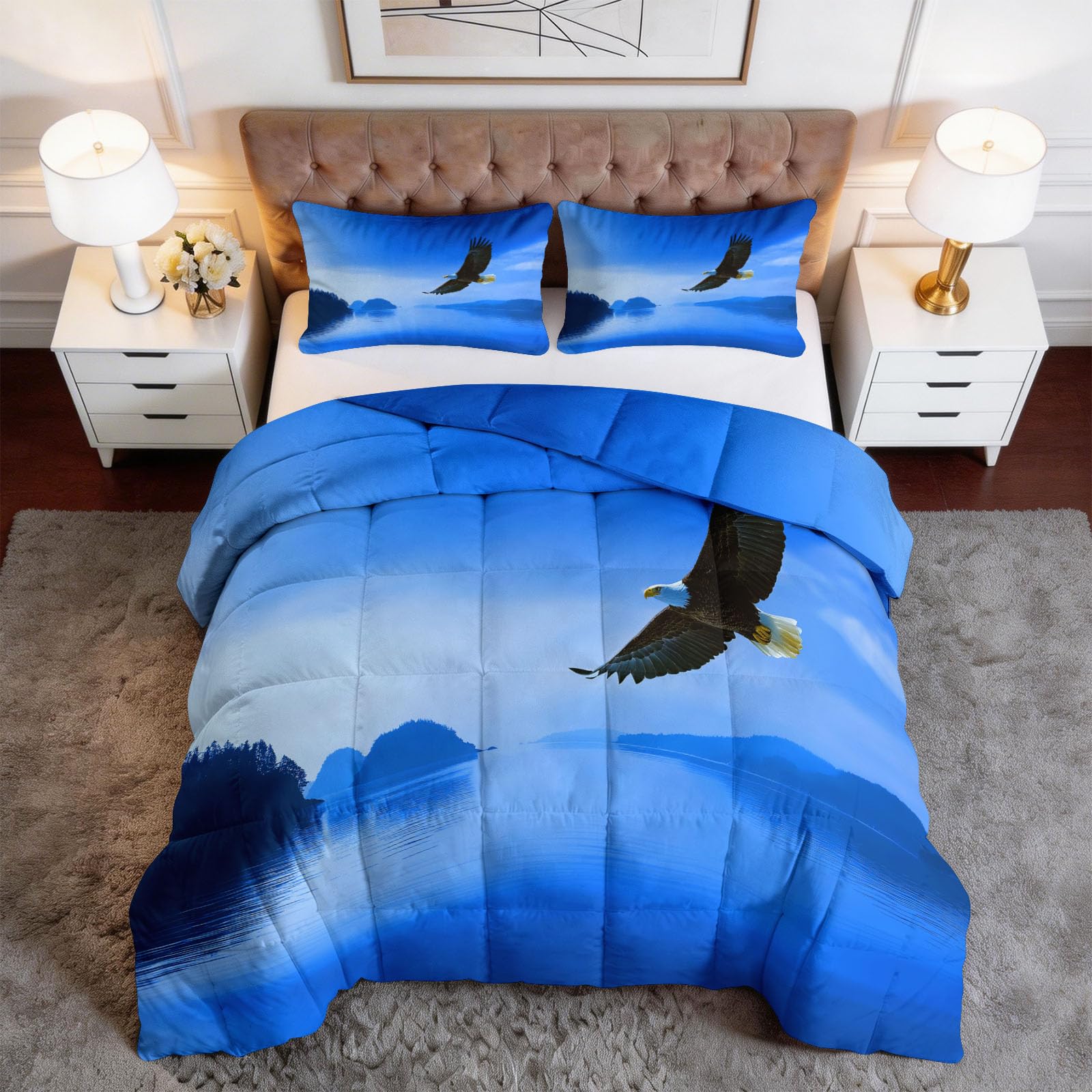 Paysage Naturel Courtepointe Réversible 240x220 cm, Ciel Bleu Surface de l'Eau Aigle Couette Douce Respirante, Courtepointe Légère et Respirante - Édredon Parure de Lit Couverture Matelassée Lavable