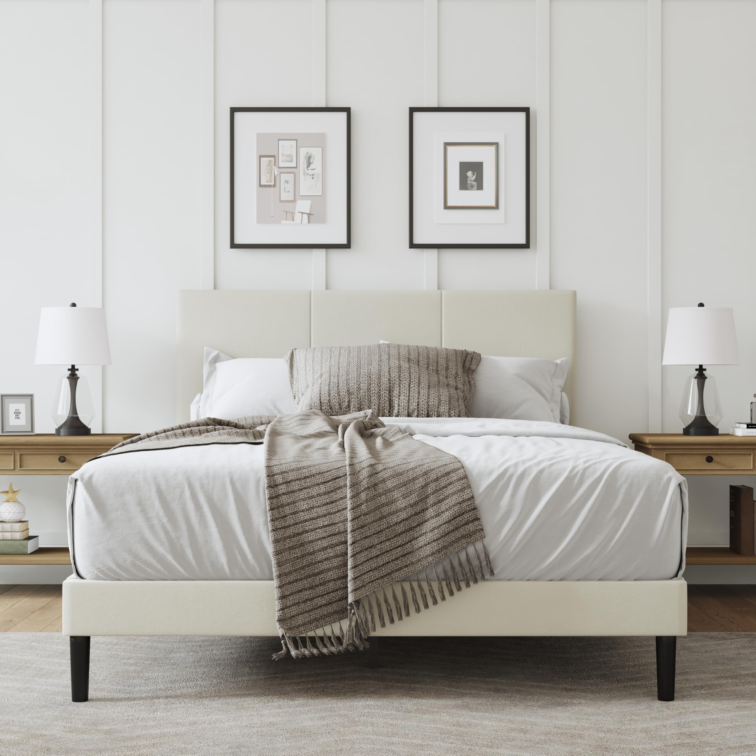 Full Size Bed Frame with Headboard – Elegant Upholstered Vertical Channel Tufted Heavy Duty Platform Bed Frame with Slats, No Box Spring Needed, Easy