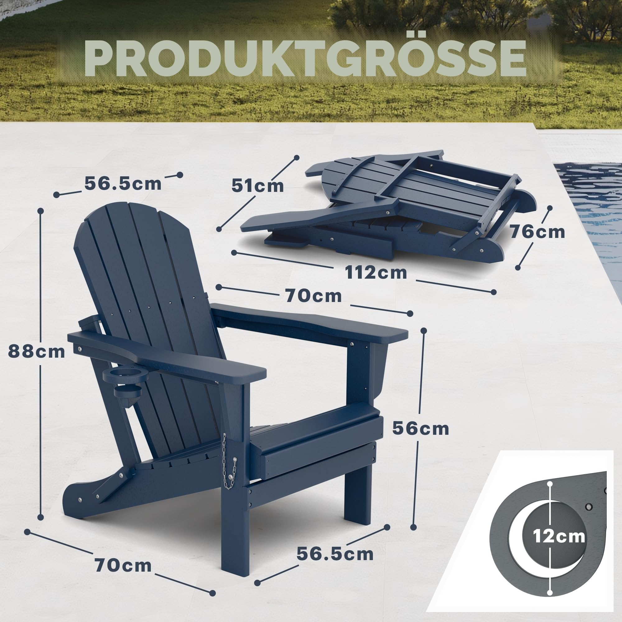 Adirondack Stuhl,HDPE-Wetterfester Klapp-Adirondack-Stuhl mit Becherhalter für Garten,Terrasse,Hinterhof,Patio(Blau)