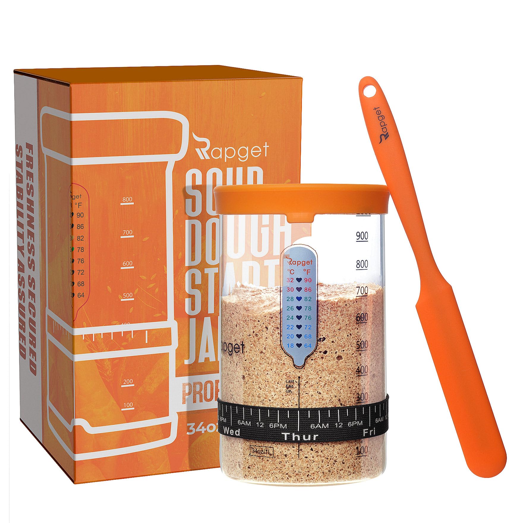 Sourdough Starter Kit,34 oz Large Capacity Sourdough Starter Jar Glass With Date Marked Feeding Band, Thermometer, Sourdough Jar Scraper, Sourdough Container Sewn Cloth Cover & Silicone cover L4