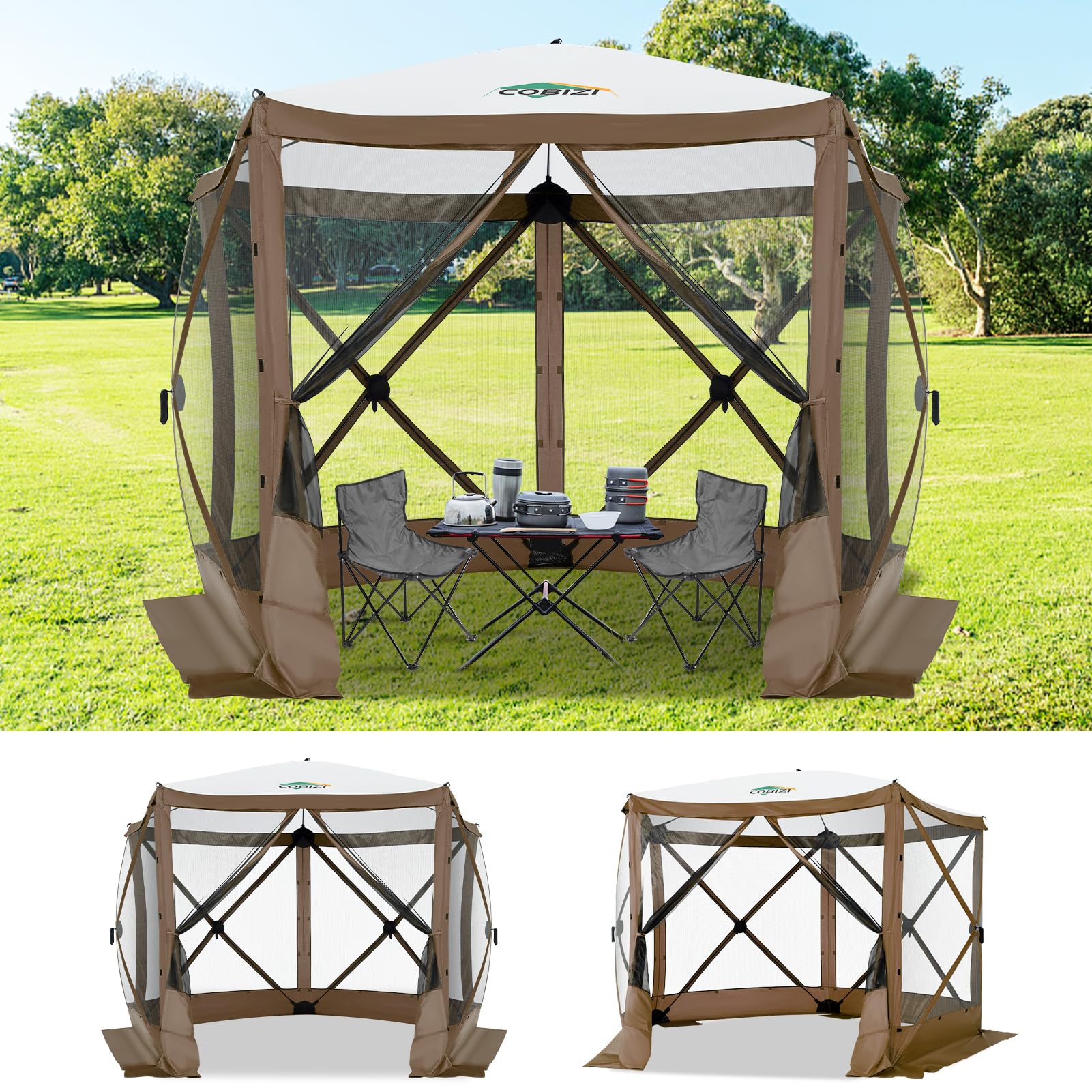 COBIZI 10x10 FT Pop up Gazebo, Popup Canopy Tent,Instant Screened in Gazebos, Waterproof Portable Outdoor Small Screen Tents Sun Shelter,carpas para Patio for Camping, Garden and Backyard,Brown