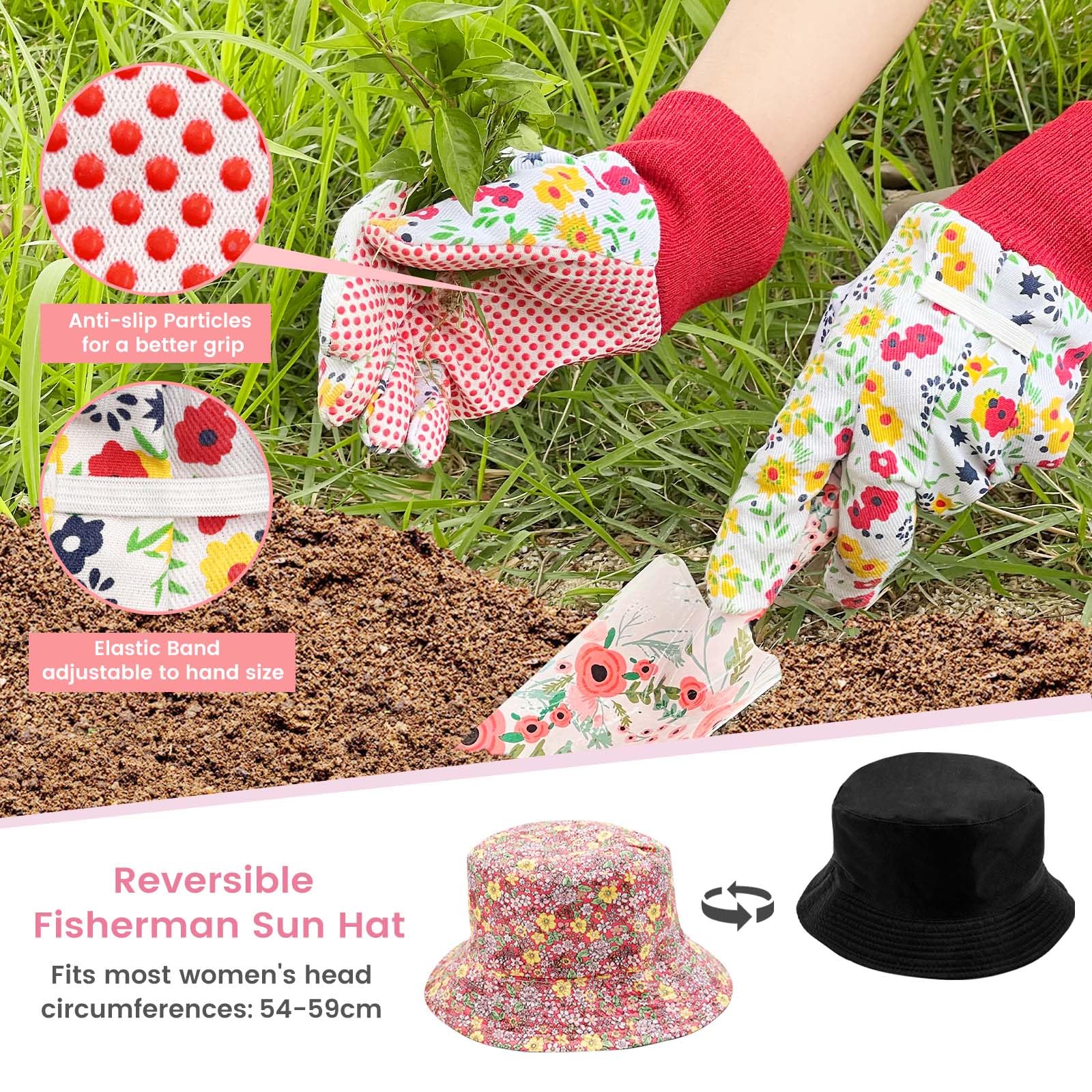 Kit Jardinería 7 Piezas Para Mujeres – Sombrero De Pescador Reversible + Correa Para Móvil + Herramientas Florales + Guantes – Regalo Perfecto En Caja Elegante