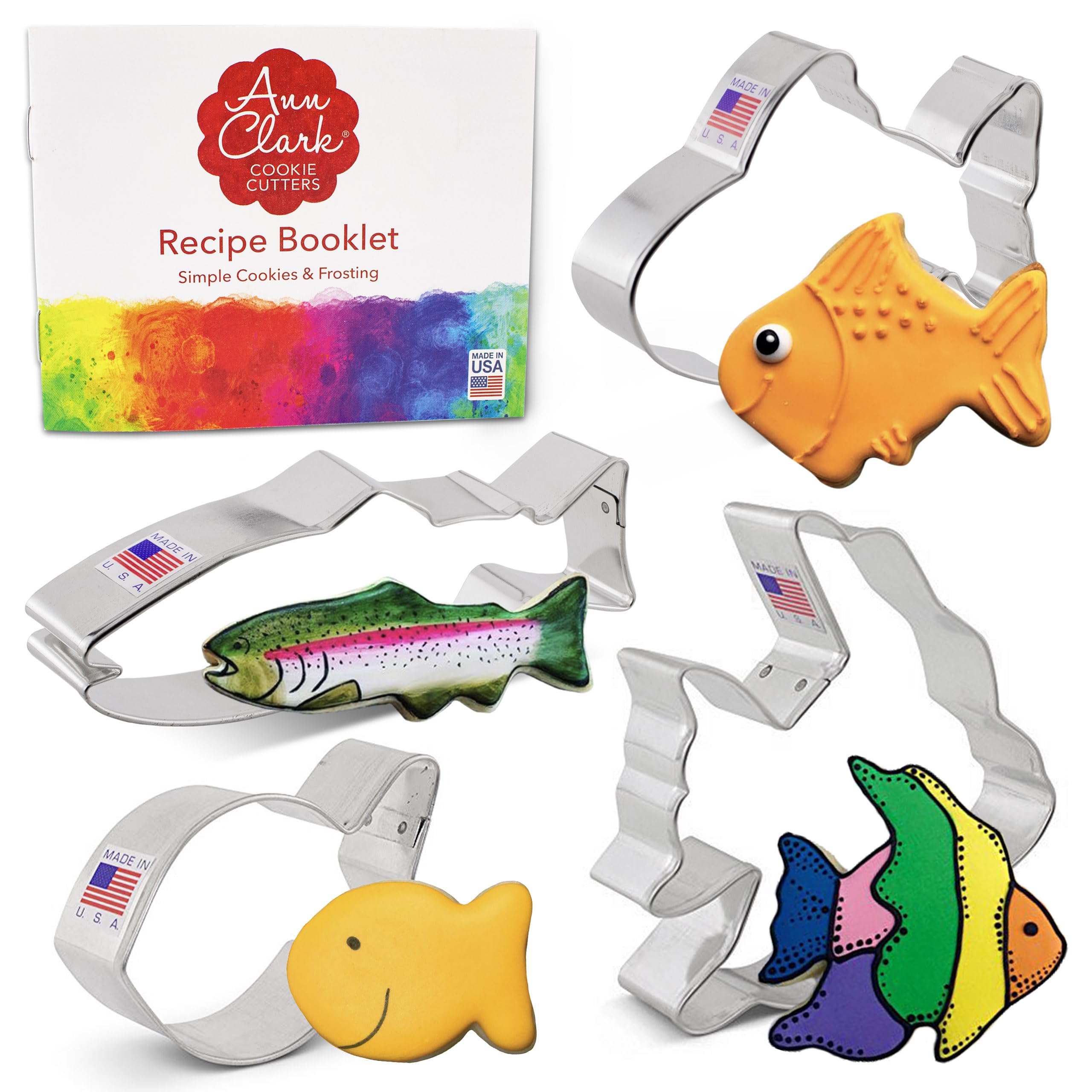 Ann Clark Fish Cookie Cutters 4-Pc. Set (Cute, Gold, Angel Fish, Trout) Made in USA