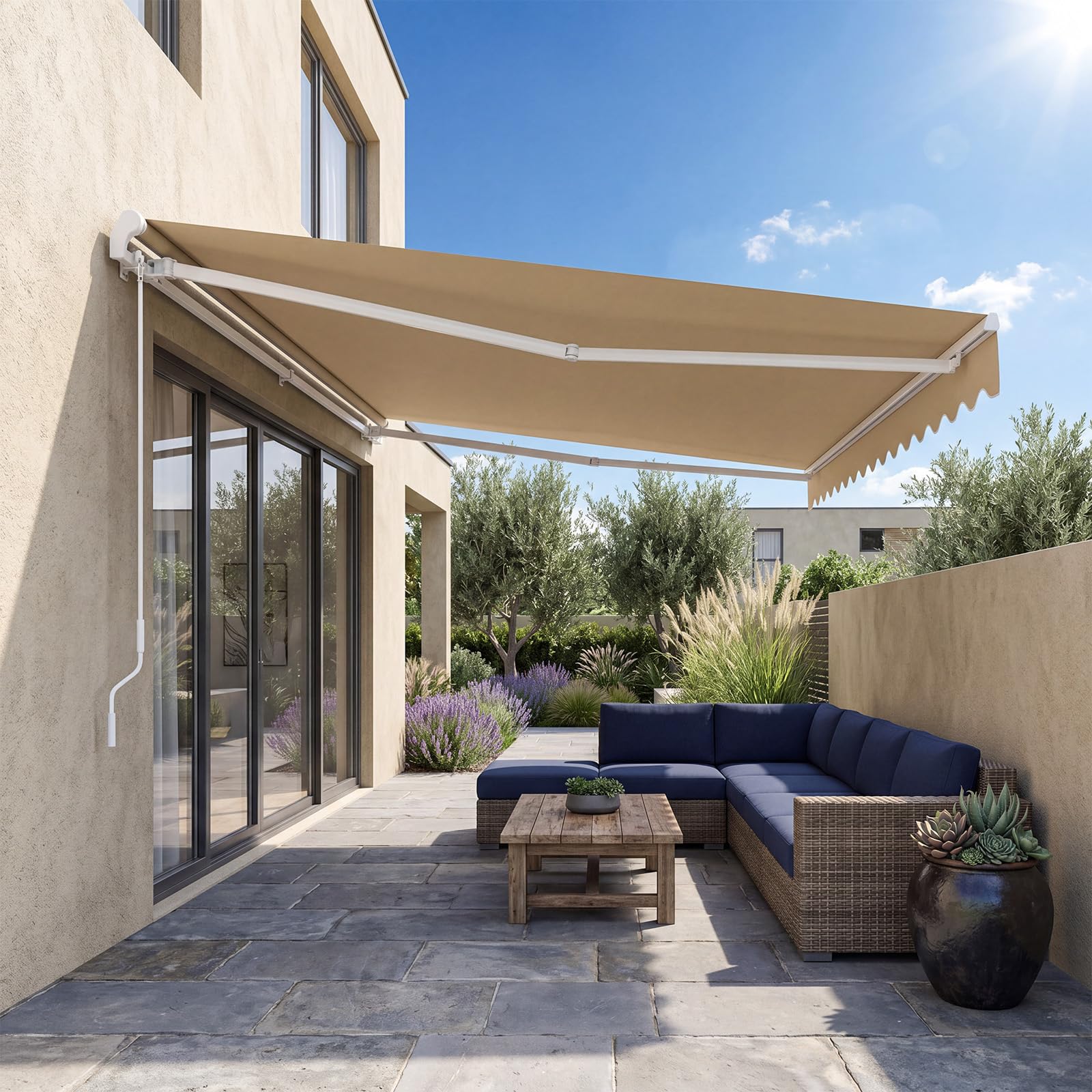 GOPLUS Store Banne Manuel 3,6Mx3M, Auvent de Terrasse Extérieur et Tissu Résistant aux UV avec Manivelle et Angle Réglable 5-35°pour Patio,Balcon,Terrasse(Beige)
