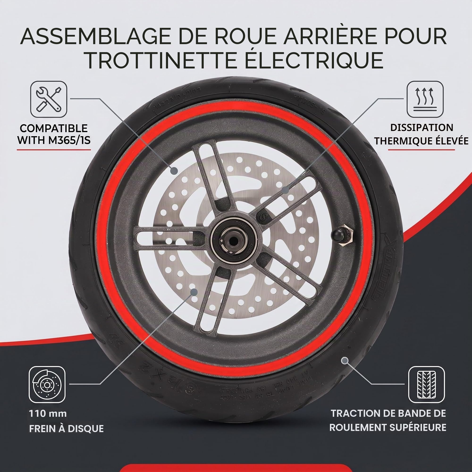 Ensemble de Roue Arrière de Scooter électrique, Pneu de Roue en Caoutchouc avec Frein à Disque de 110 Mm pour M365 1S