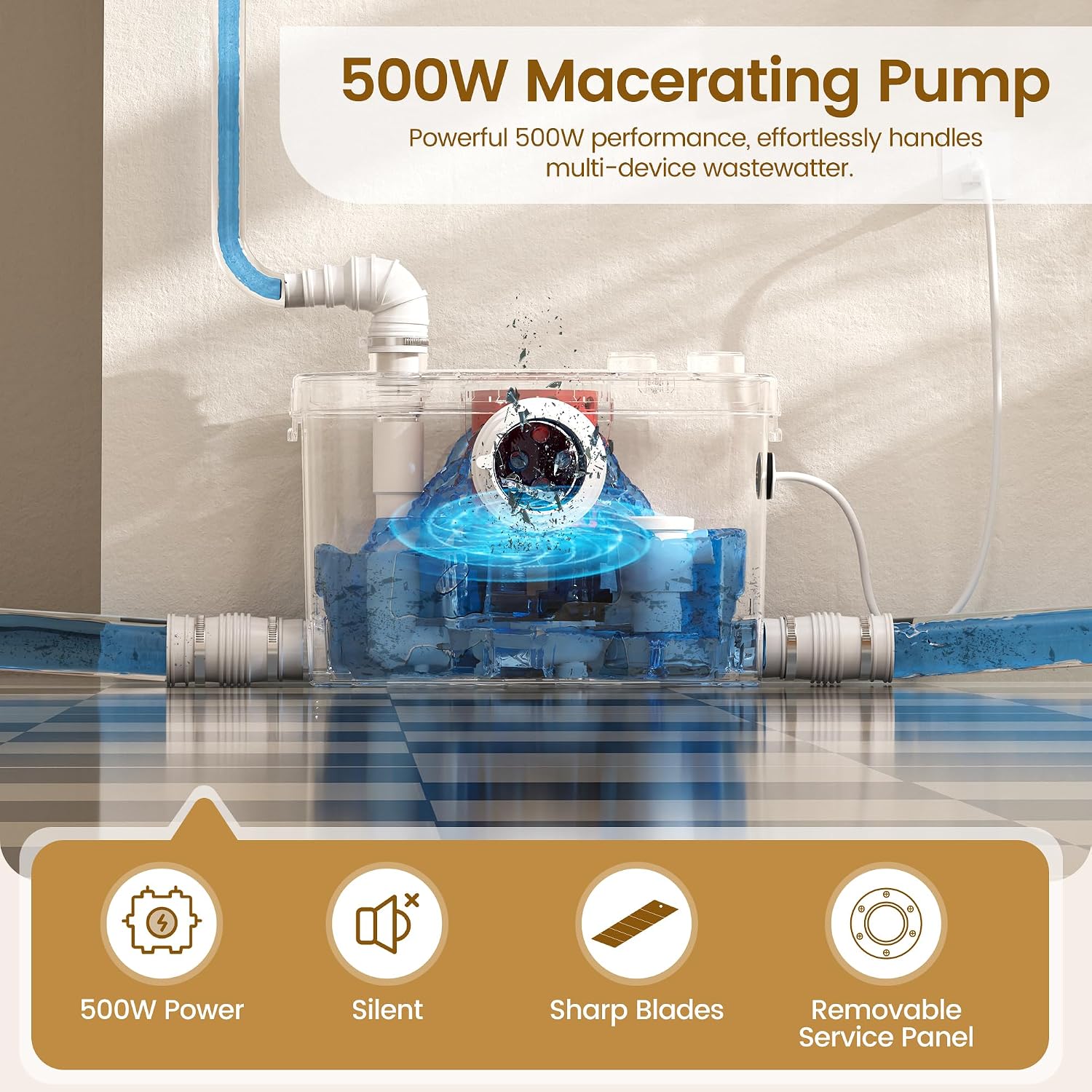 SUPERFLO 500W Macerating Toilet System Upflush Toilet for Basement with 4 Water Inlet for Bathroom & Garage, Macerator Toilets Pump System with 1.28GPF Dual Flush & Easy Install