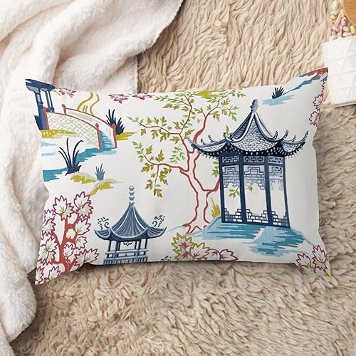 Vista 550 de ArogGeld Chinoiserie - Fundas de almohada escénicas asiáticas, estilo asiático, funda de almohada azul y verde Kelly, funda de cojín para decoración