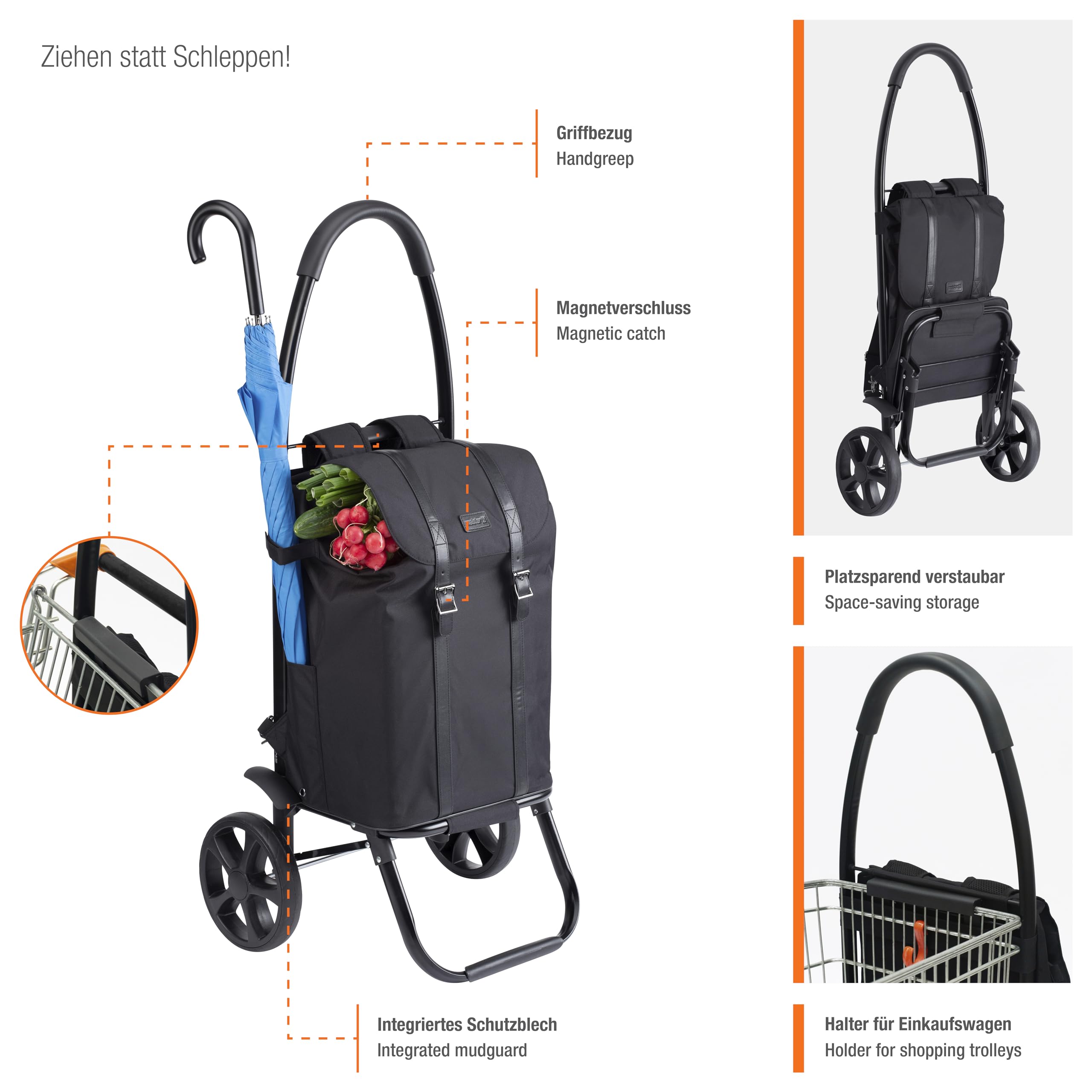 Meister Carro de la Compra y Mochila – 45 litros – Black Edition – Mochila y Estructura separada como Carretilla de Sacos/Carro Plegable/Carro de la Compra / 6816850