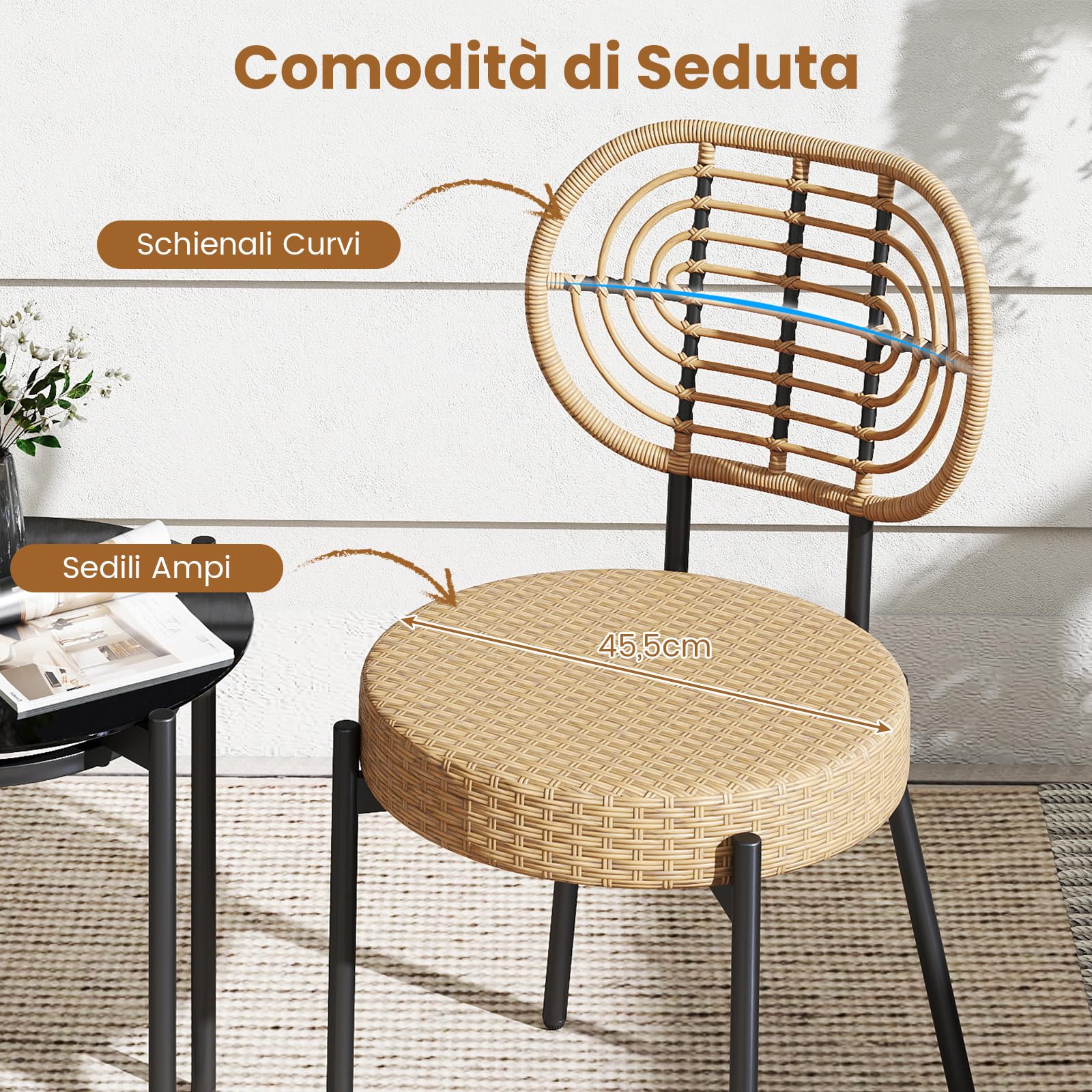 COSTWAY Set da Bistro da Esterno in 3 Pezzi con Vimini PE, Set Conversazione da Patio con Tavolino da Caffè in Vetro Temperato e Sedie in Rattan, Mobili per Esterni per Balcone, Terrazza e Giardino