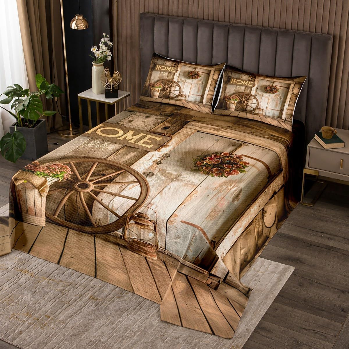 Erosebridal Rustic Wooden Board Coverlet Set Queen Size Barn Door Bedding Set for Kids Girls Boys Vintage Countryside Wood Quilted Coverlet Farmhouse Cabin Quilted