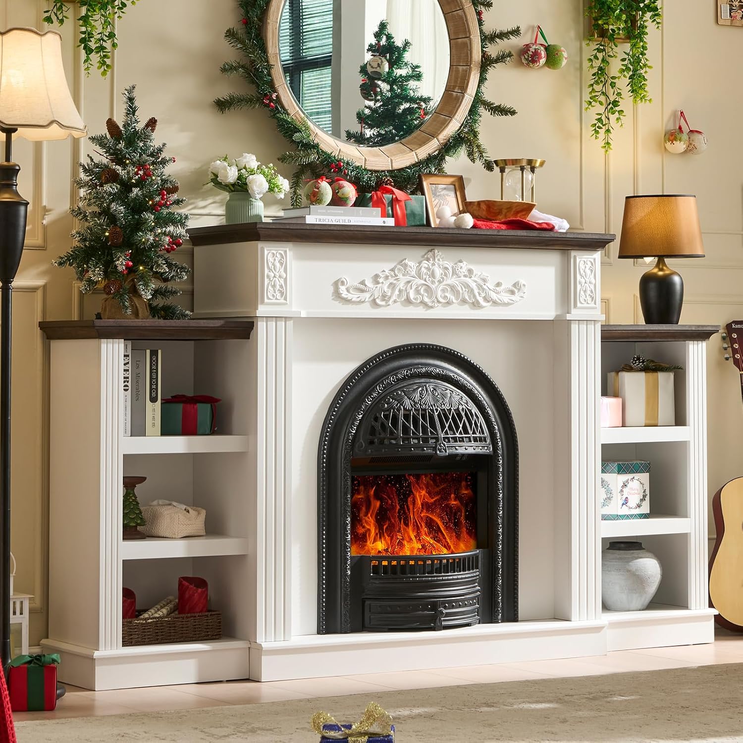 78" Electric Fireplace with Mantel, 46" Tall Electric Fireplaces TV Stand up to 90 Inch, Birdcage-Style Fireplace Entertainment Center with Storage and Insert Heater for Living Room, Bedroom