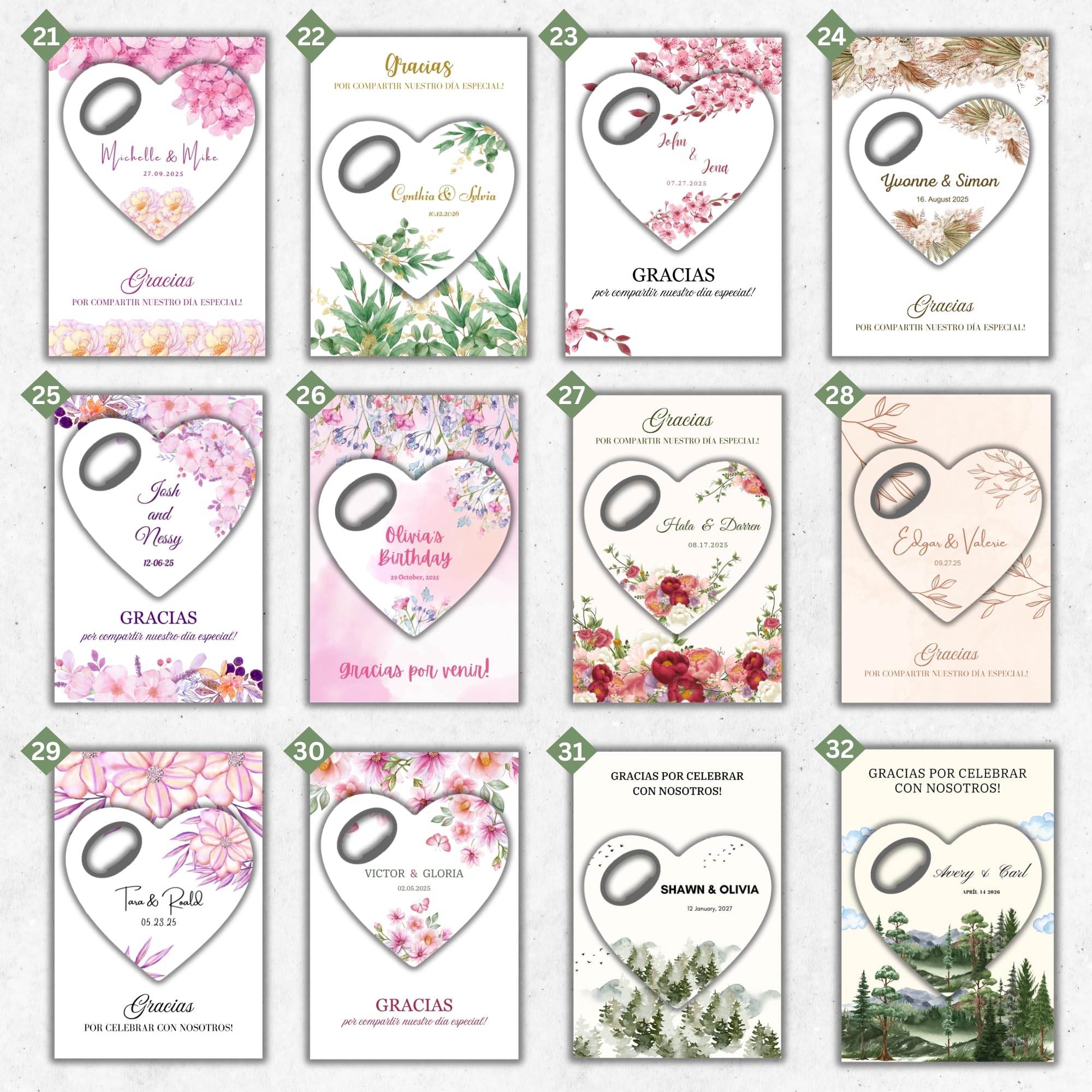 Recuerdo de boda personalizado, Favor de ducha nupcial para la invitada, Recuerdos de boda y abretarjetas con imán de agradecimiento (Pack de 30) (Abrebotellas + Tarjeta de Agradecimiento)