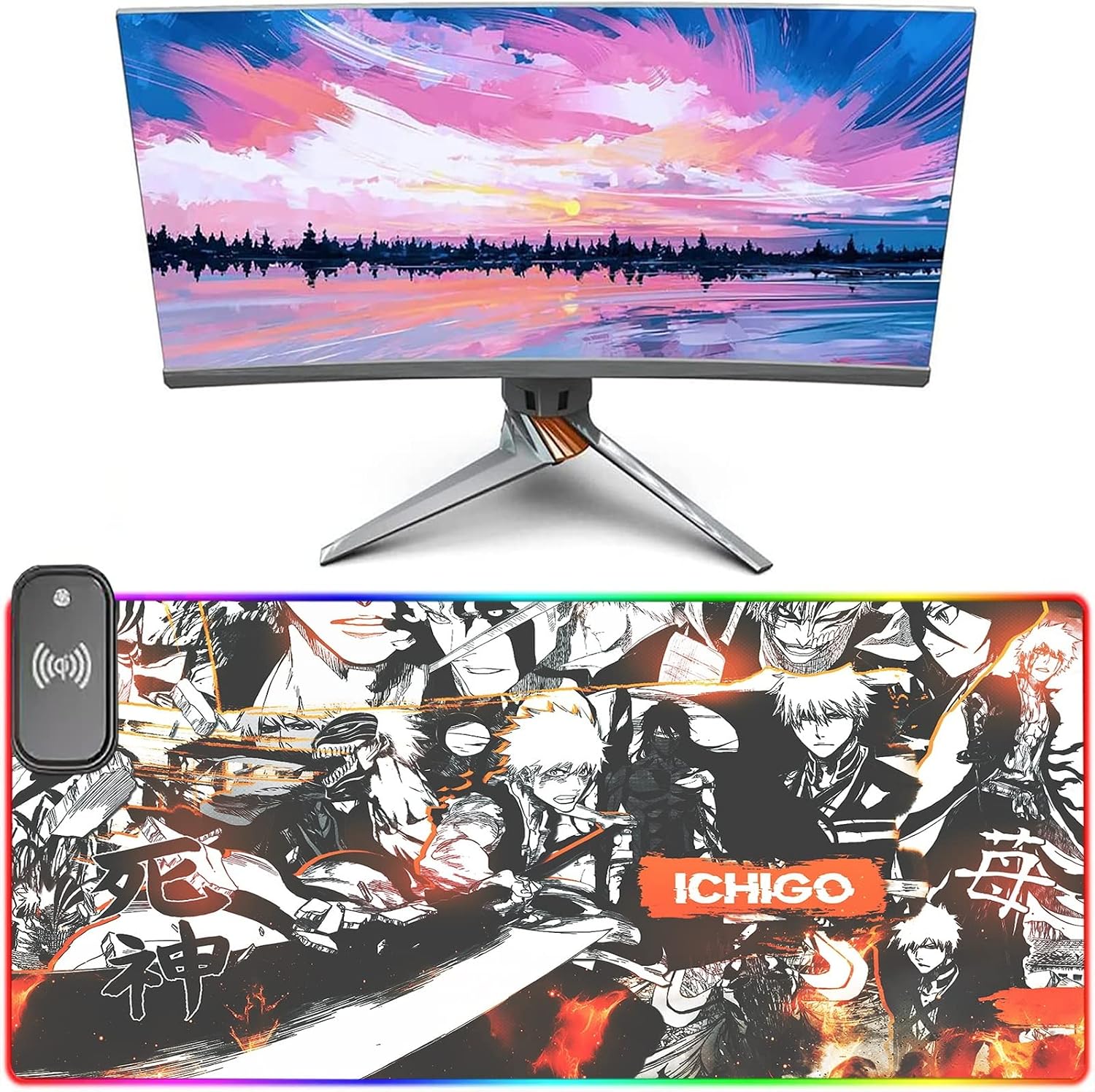 Gaming Mouse Pads Kurosaki Ichigo RGB Large Anime Mouse Pad Wireless Charging Led Mousepad XXL Non-Slip Rubber Base Extended Keyboard Desk Mat