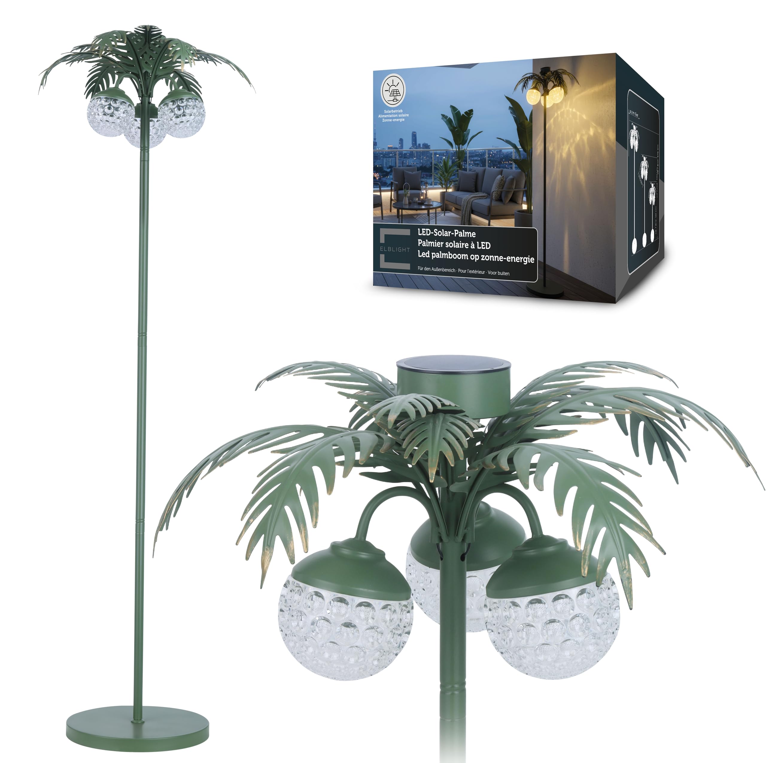 LED Solar Palme Stehleuchte Outdoor LED Gartenlampe mit Dämmerungssensor warmweiß 3000K IP44 wetterfest Balkon Terrasse Garten Solarleuchte mit Akku Metall