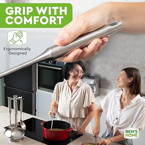 Miniatura 5 de BEN'SHOME Juego de utensilios de cocina de acero inoxidable, 6 piezas con soporte, espátula, cucharón, cucharas de servir, servidor de espaguetis,