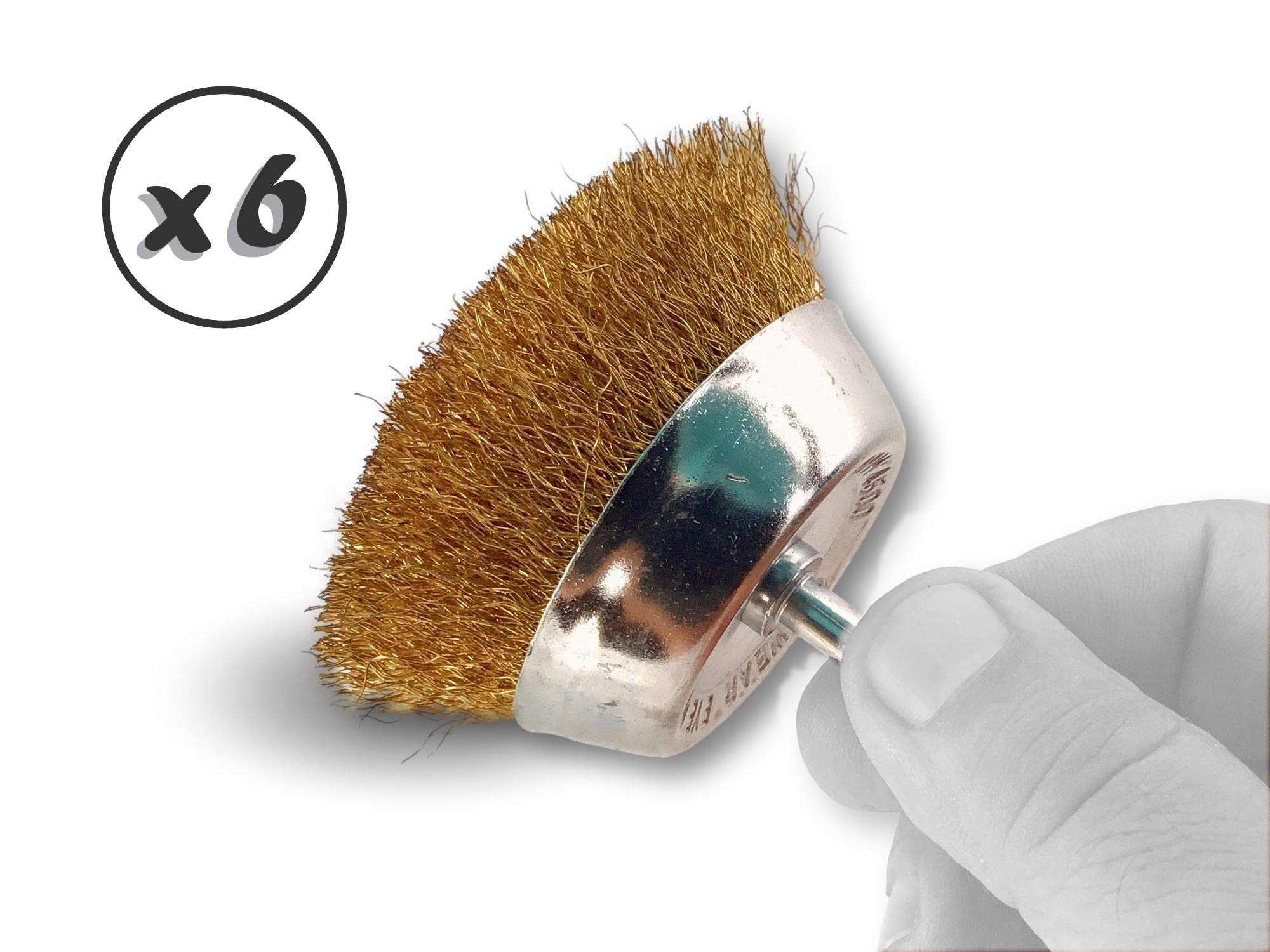 Metalowa szczotka obrotowa do cięcia Ø 75 mm | Zestaw 6 | Na trzonku Ø 6 mm | Nici mosiężne Ø 0,20 mm miękkie | Do wiertarki lub wkrętarki z uchwytem | Kibros 2575LVx6