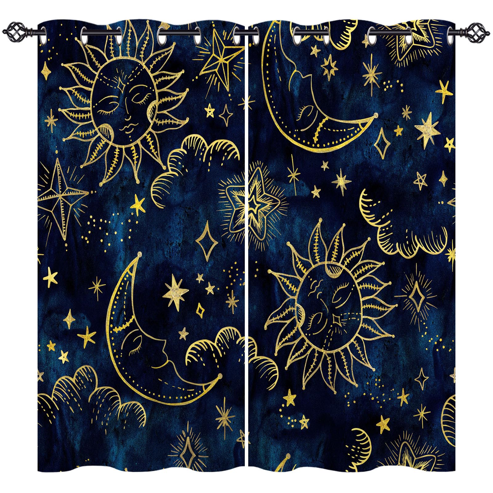 ANHOPE Astrology Curtains Eyelet Soft Thermal Insulated Blackout Curtains Sun Moon Stars Print Pattern Ring Top Drapes for Kids Boys Girls Adults Bedroom Living Room 46 x 54 Inch Drop 2 Panels