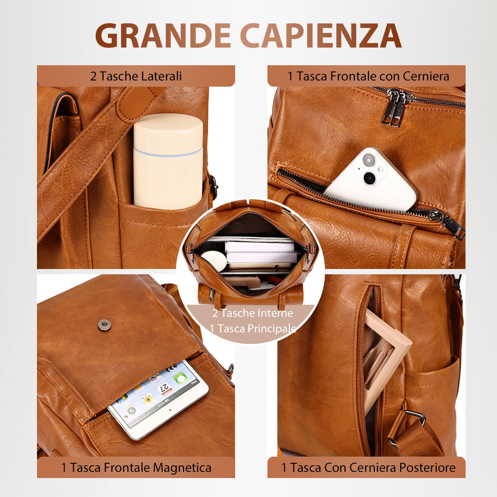 Leathario Zaino Donna in Pelle Vegana Impermeabile Antifurto,Borsa Elegante 3-in-1,Zaino da Lavoro, Viaggio e Uso Quotidiano