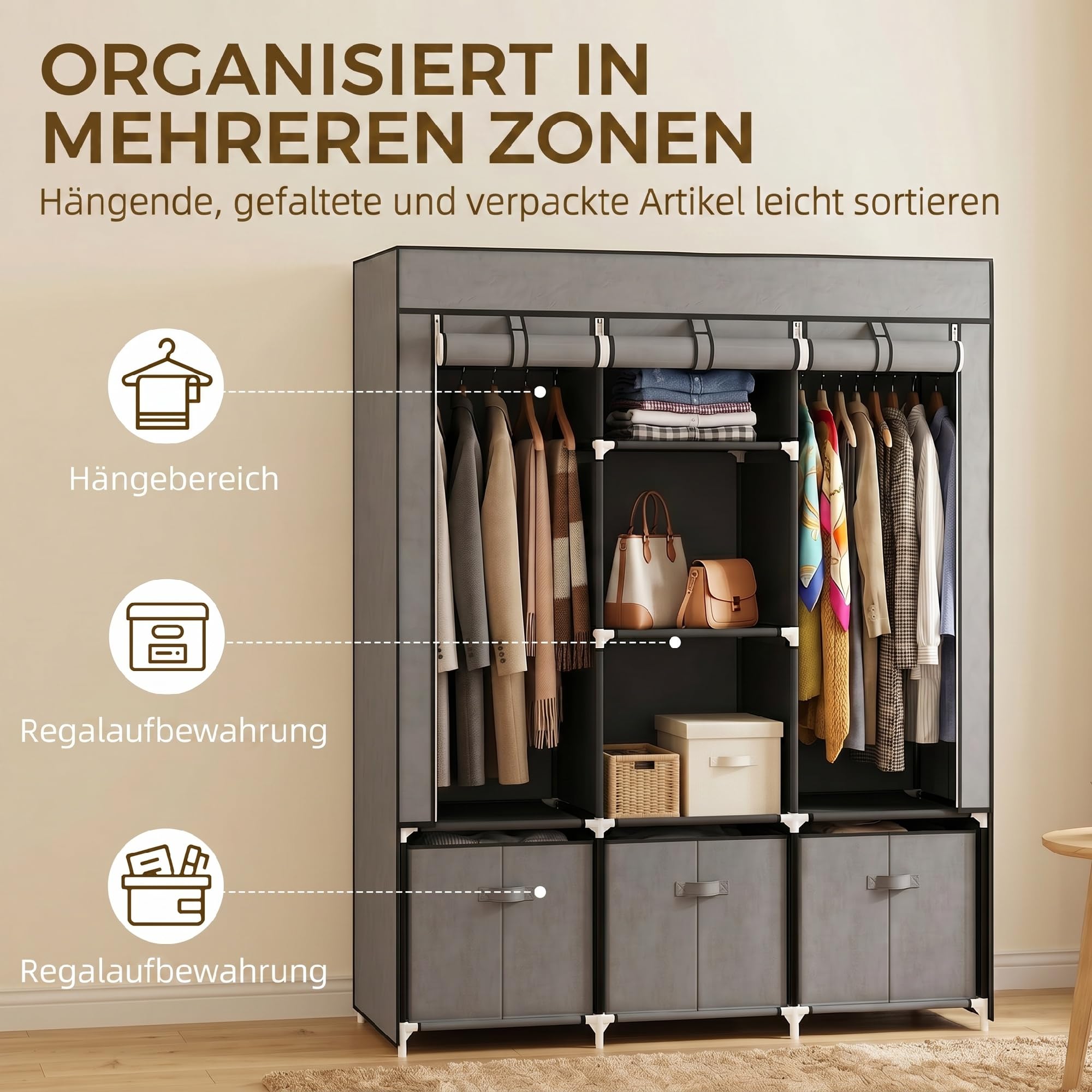 HOMCOM Kleiderschrank Stoffschrank mit Kleiderstange, Schubladen, Reißverschluss Faltschrank für Schlafzimmer, Ankleidezimmer, 125 x 43 x 162,5 cm, Dunkelgrau