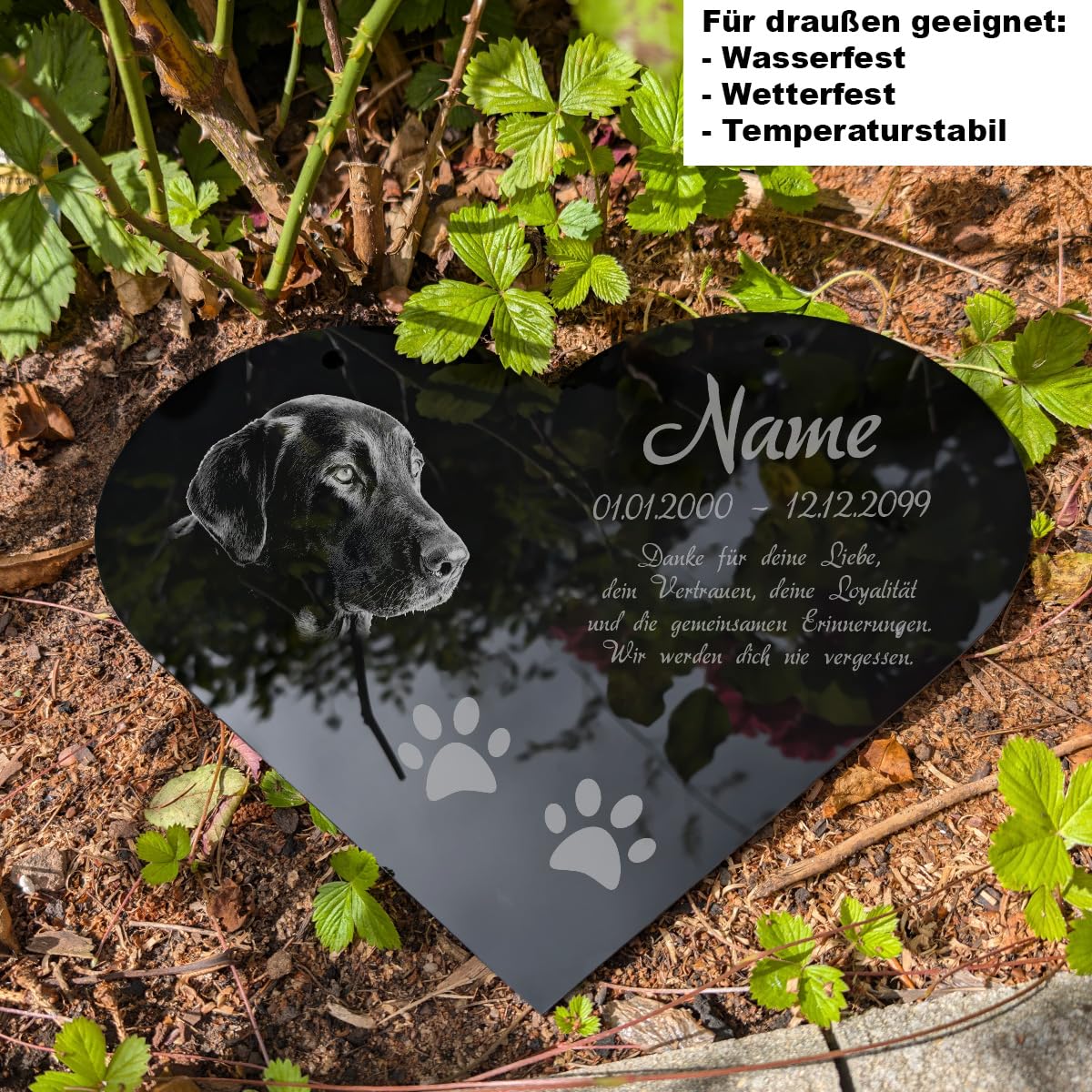 Personalisierter Tier Herz Grabstein Grabschmuck mit Foto Gravur - Acrylglas Schwarz Hochglanz 300 x 225 mm - wetterfest, für Hund, Katze und alle Haustiere, individuelles Foto und Text
