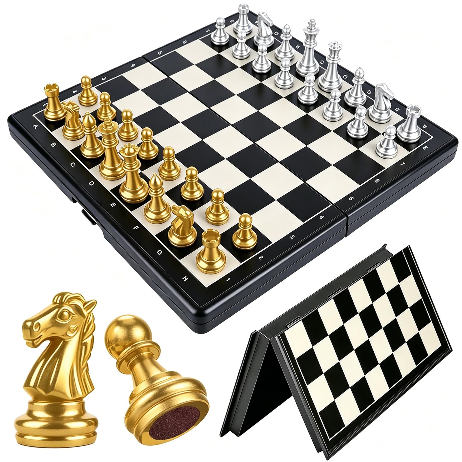Magnetic Chess Set with Folding Board, Portable Travel Chess Game for Adults Kids and Family, Educational Strategy Board Game with Secure Magnetic Pieces for Outings (Large Gold+Silver Pieces (32*32))