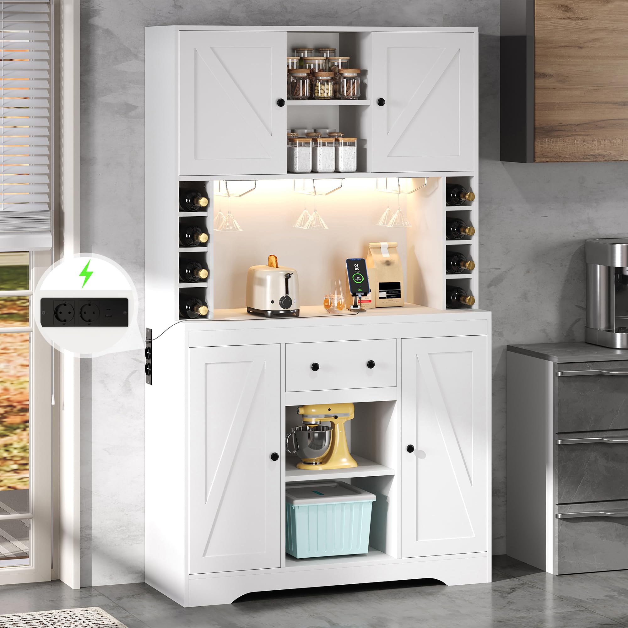 Armadietto da cucina, armadietto alto e armadietto per vino con ripiani regolabili, cassetto, portabicchieri e LED che cambiano colore, 180 x 105 x 40 cm