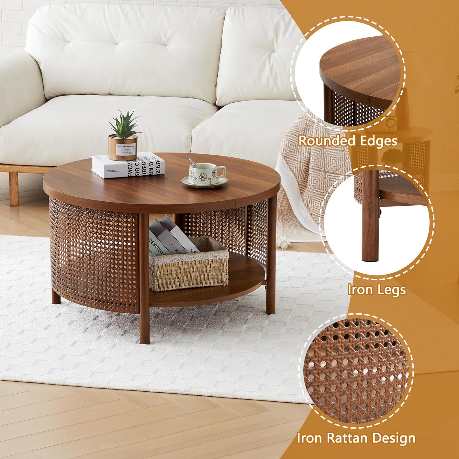 31.5" Coffee Table with Metal Rattan Decor, Round Coffee Table with Storage Shelf for Living Room, Mid-Century Vintage Home Accents Furniture Circle Center (Walnut)